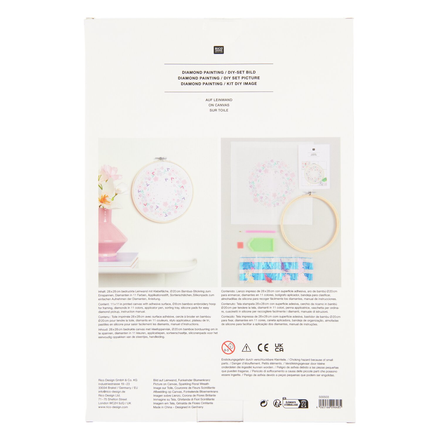 Diamond Painting DIY-Set Funkelnder Blumenkranz, Ø20cm, zeigt ein kreatives Set mit bunten Steinen und Stickrahmen auf weißem Hintergrund.