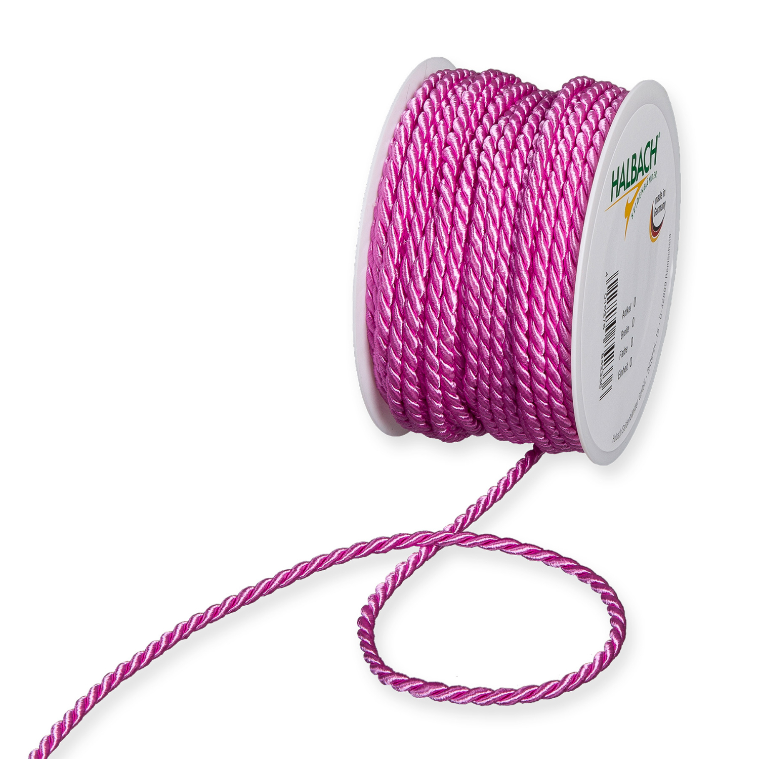 Kordel 4mm 5m: Rosa Kordel auf Spule von Halbach, ideal für kreative Projekte und Dekorationen.