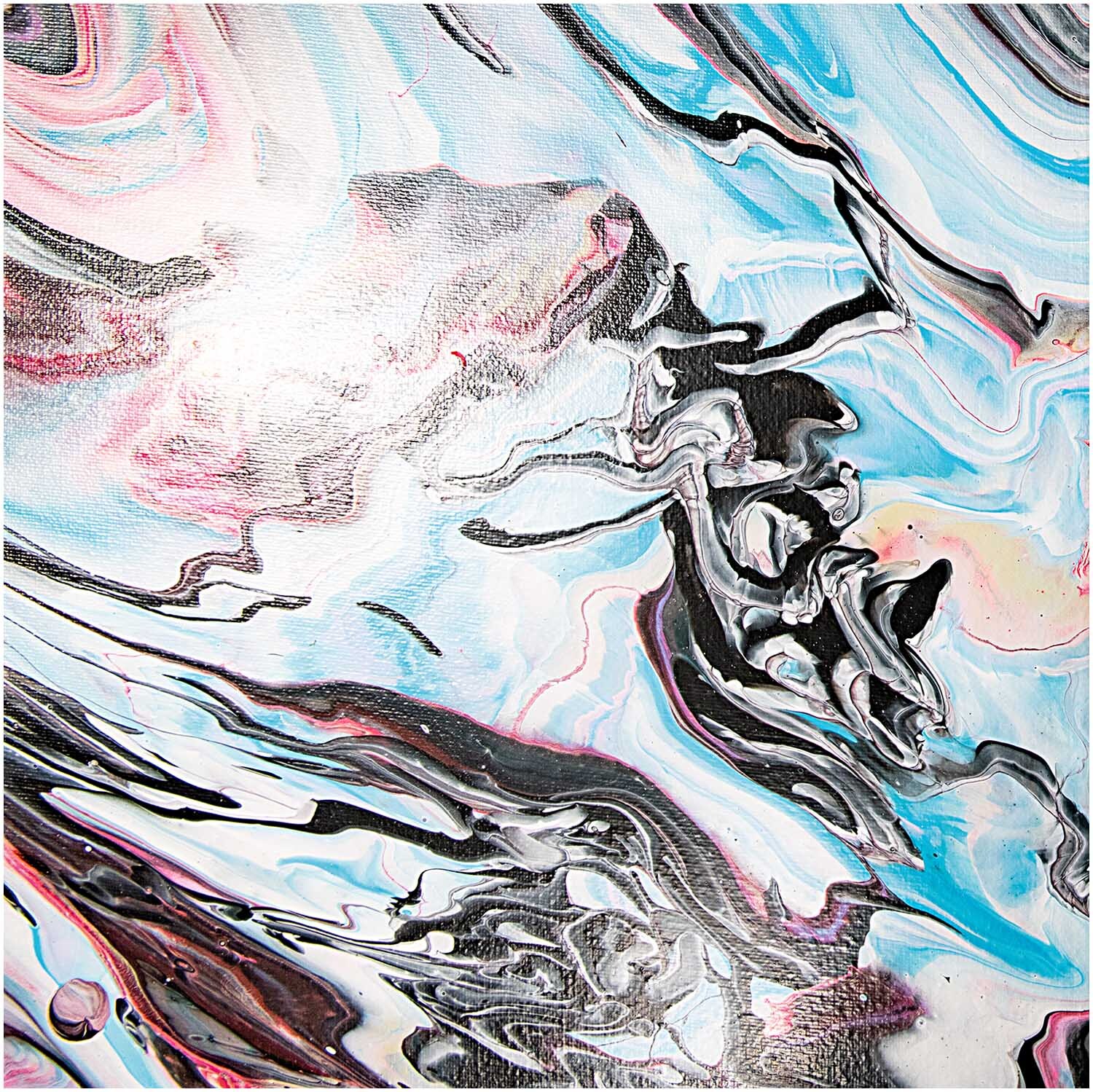 Pouring Medium seidenglänzend: Abstrakte Kunst mit fließenden, marmorierten Farben in Rosa, Blau und Schwarz.