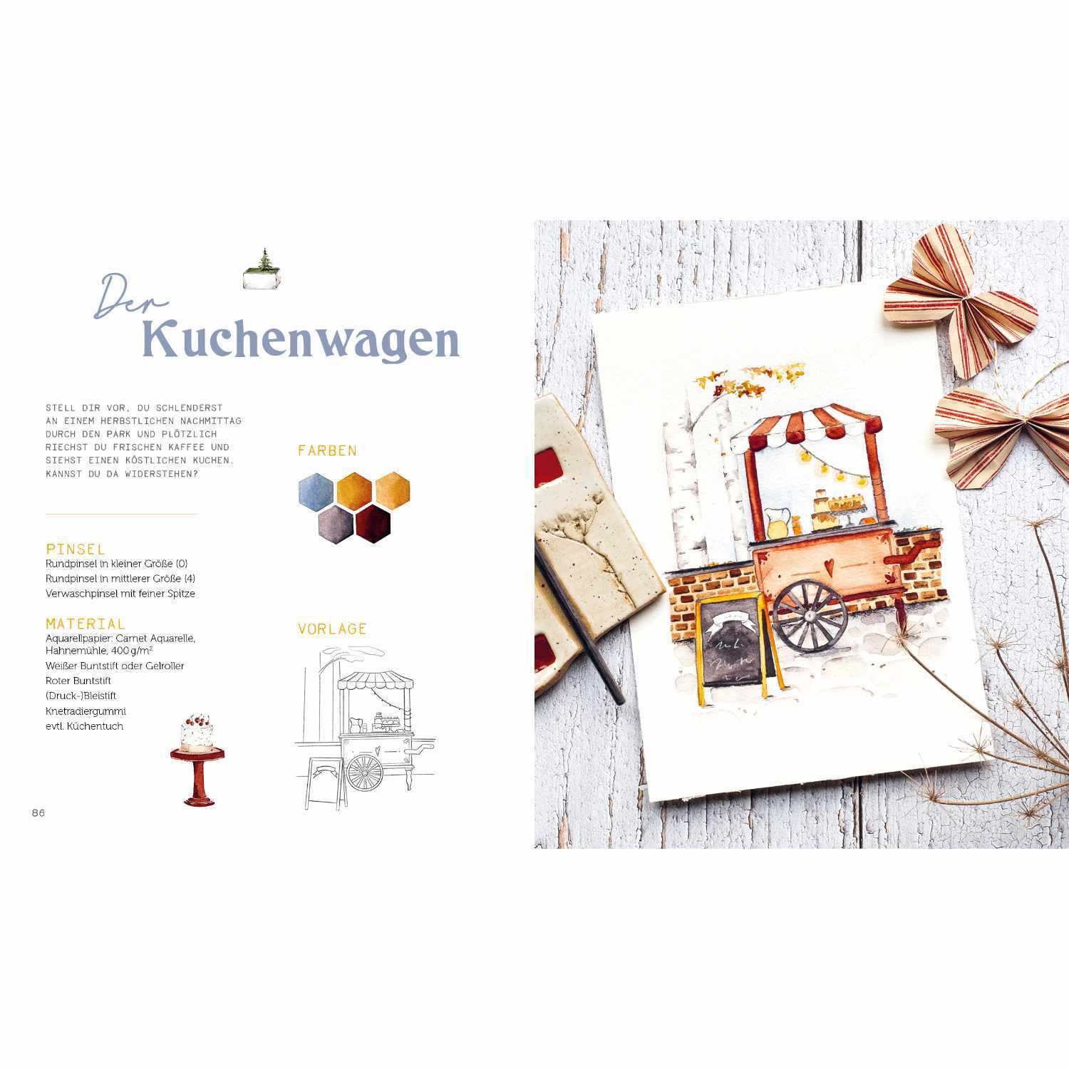 Boho Watercolor: Illustration eines nostalgischen Kuchenwagens mit rot-weißem Dach und dekorativen Details.