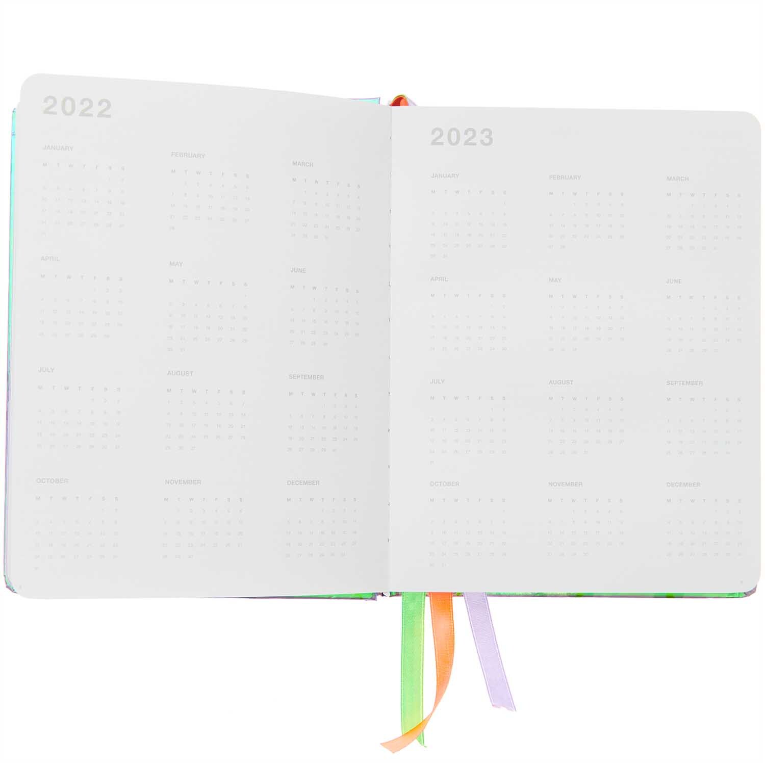 Paper Poetry Bullet Diary Hardcover mit Kalenderseiten für 2022 und 2023, bunte Lesebänder.