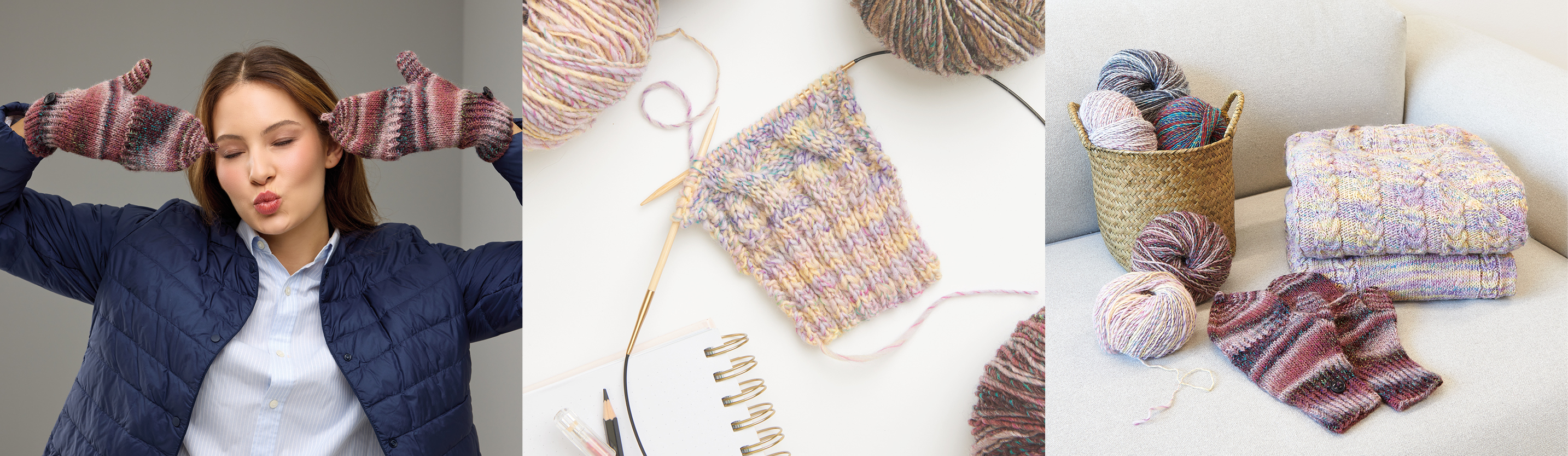 Drei Bilder nebeneinander. Eine Frau trägt rötliche gestrickte Handschuhe, eine Strickstück mit Rundstricknadeln und gestrickte Handschuhe mit Pullover und verschiedenen Garnen.
