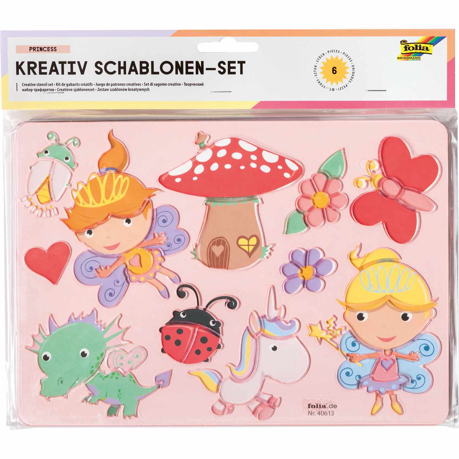 Kreativ-Schablonenset Princess mit bunten Märchenfiguren und Tieren, ideal für kreative Kinderprojekte.