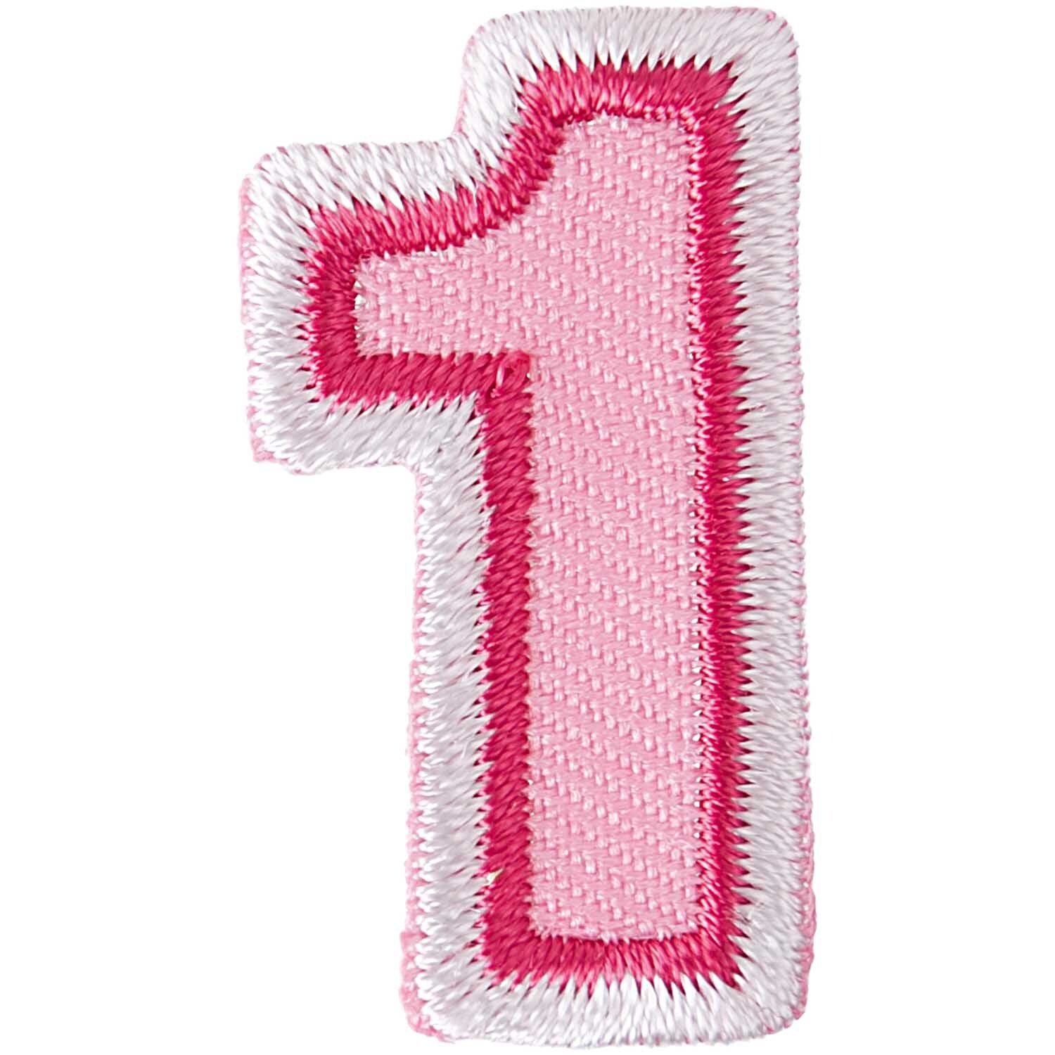 Patch Zahl zum Aufbügeln: Rosa gestickte Zahl 1 von Rico Design, ideal zum Verzieren von Kleidung.