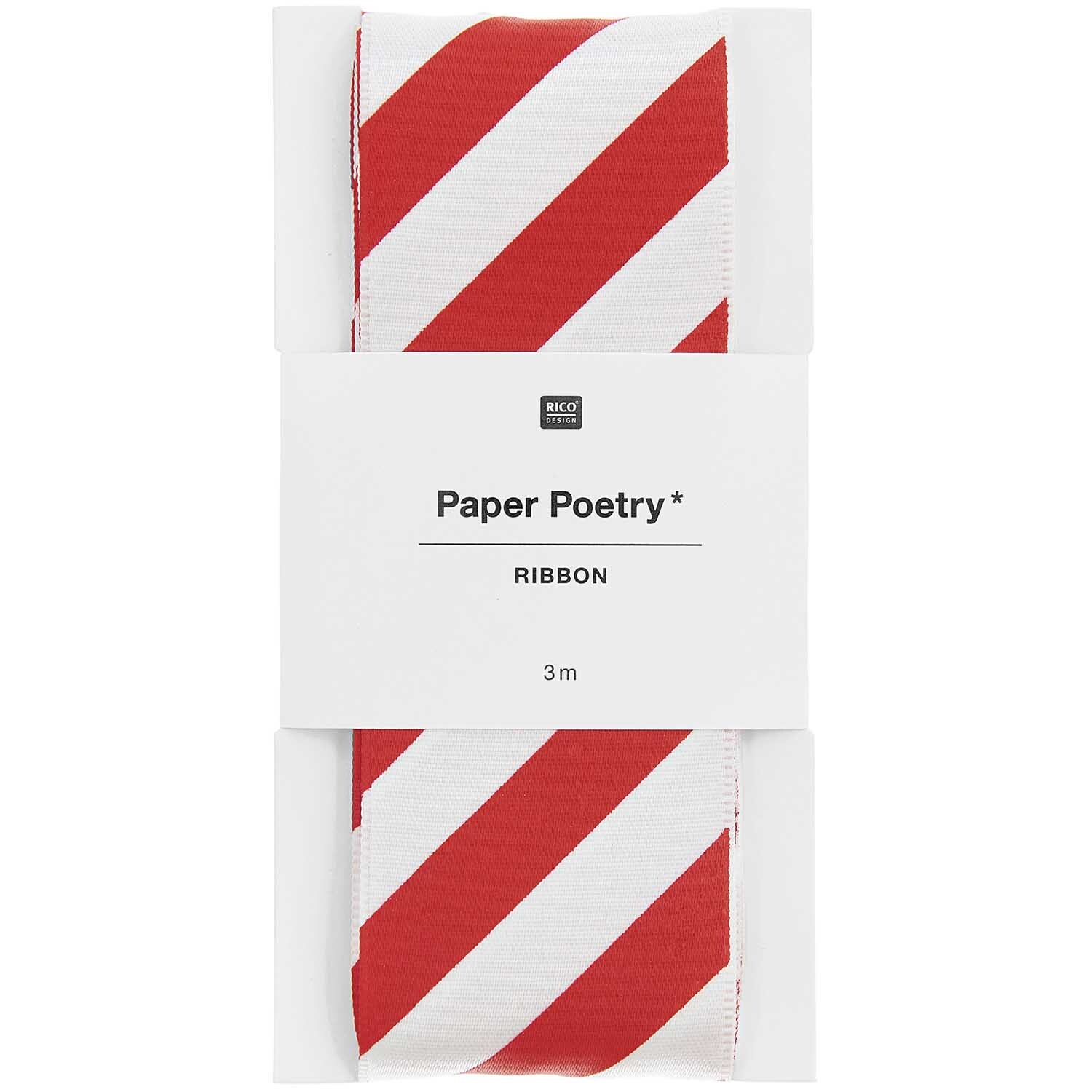 Paper Poetry Satinband mit Streifen in Rot-Weiß, 38mm breit, 3m lang, von Rico Design. Ideal für kreative Projekte.