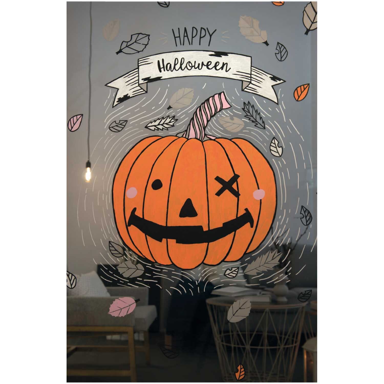Kreidestift Flüssigkreide 3mm: Fröhlicher Kürbis auf Fenster gemalt, umgeben von Herbstblättern, mit "Happy Halloween"-Banner.