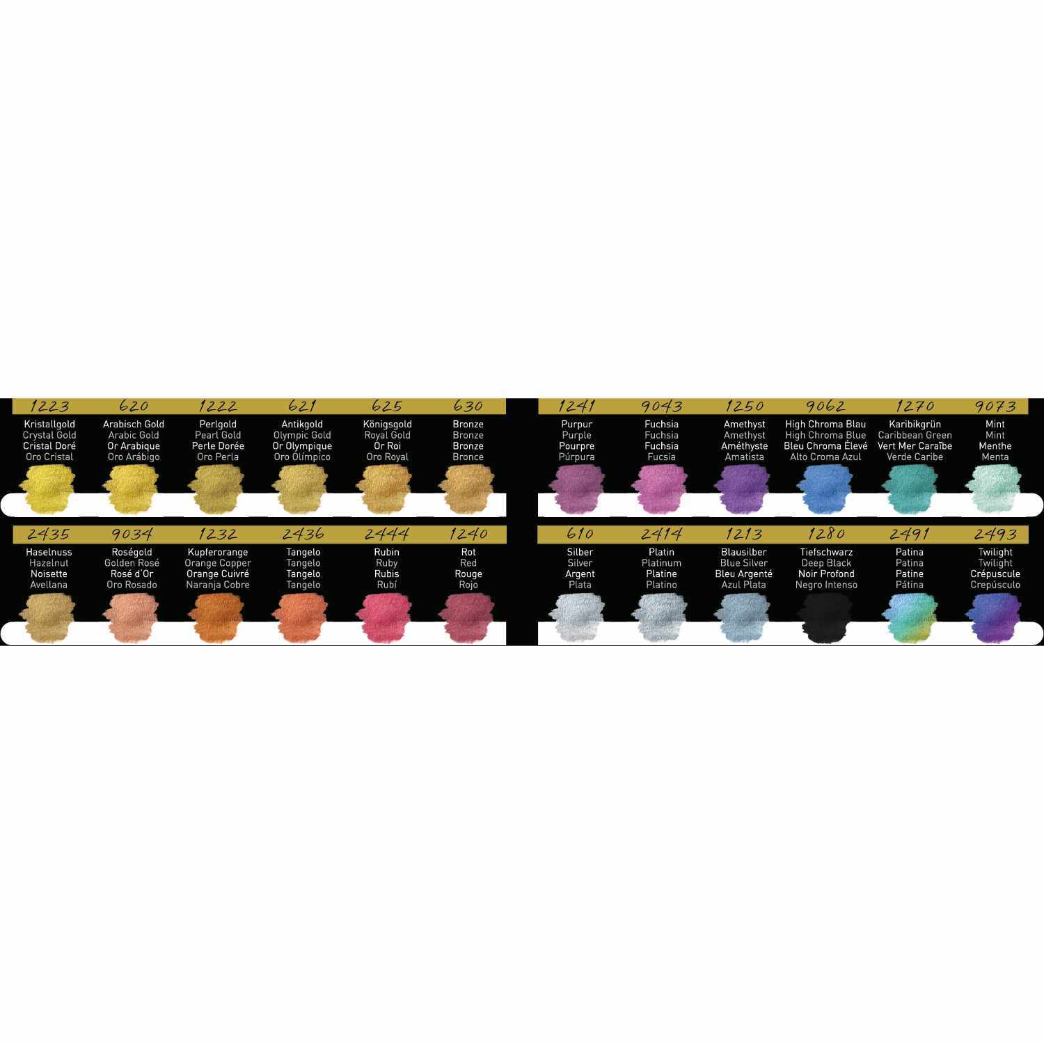 Perlglanzfarben Metals im Metallkasten Essential 24 Farben von FINETEC, präsentiert in einer Palette mit schimmernden Farbtönen.