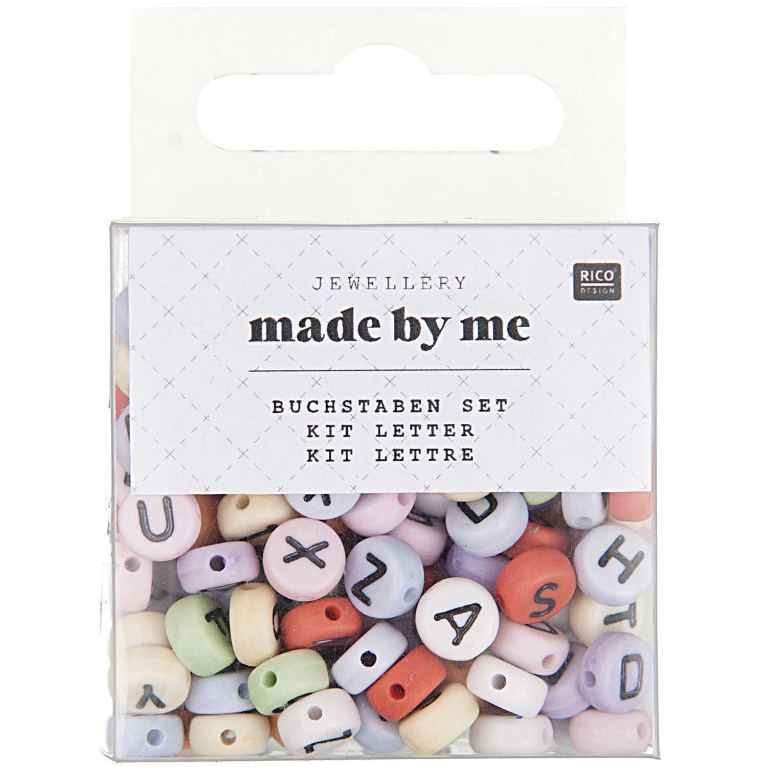 Buchstaben Perle rund pastell ca. 165 Stück von Rico Design. Pastellfarbene Perlen in einer transparenten Verpackung. Ideal für Schmuckherstellung.