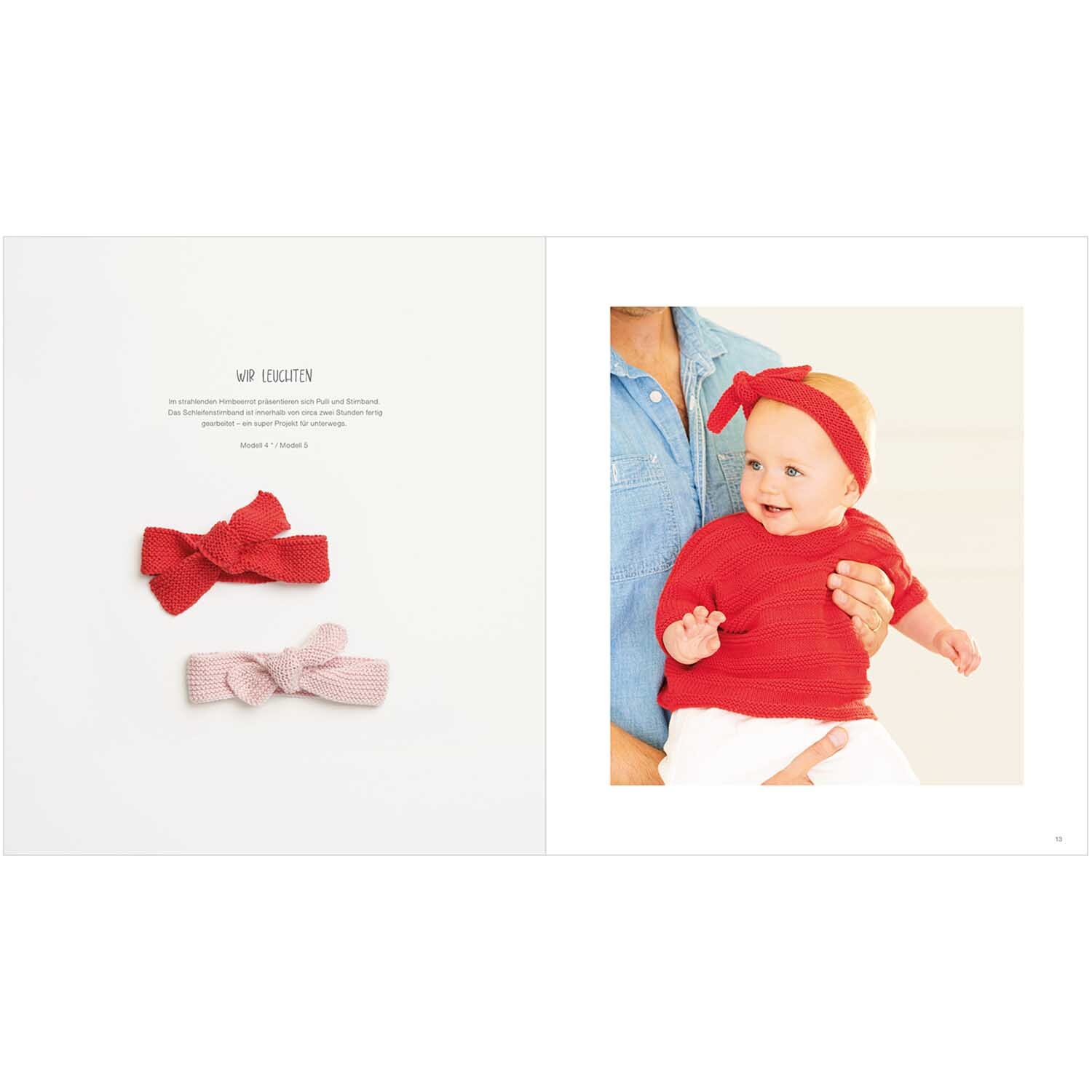 Rico Baby Heft Nr.37 zeigt ein Baby in rotem Outfit mit passendem Stirnband, lächelnd auf dem Arm eines Erwachsenen.