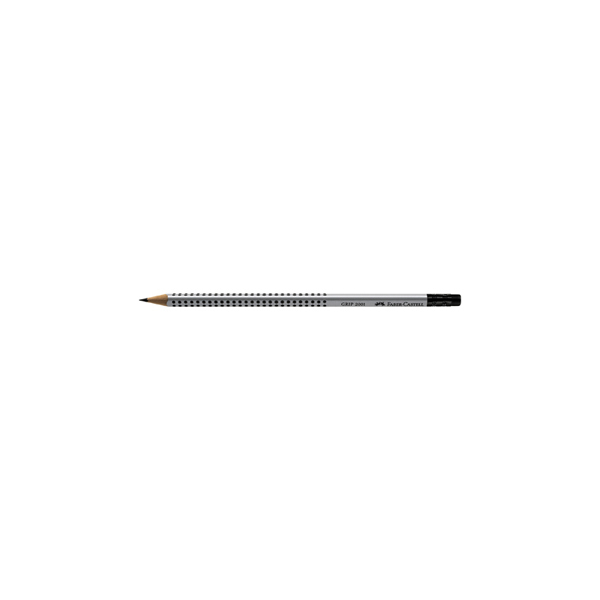 Grip 2001 Bleistift mit Gummitip von Faber Castell, silberner Stift mit ergonomischem Design und schwarzem Gummitip. Ideal für präzises Schreiben.