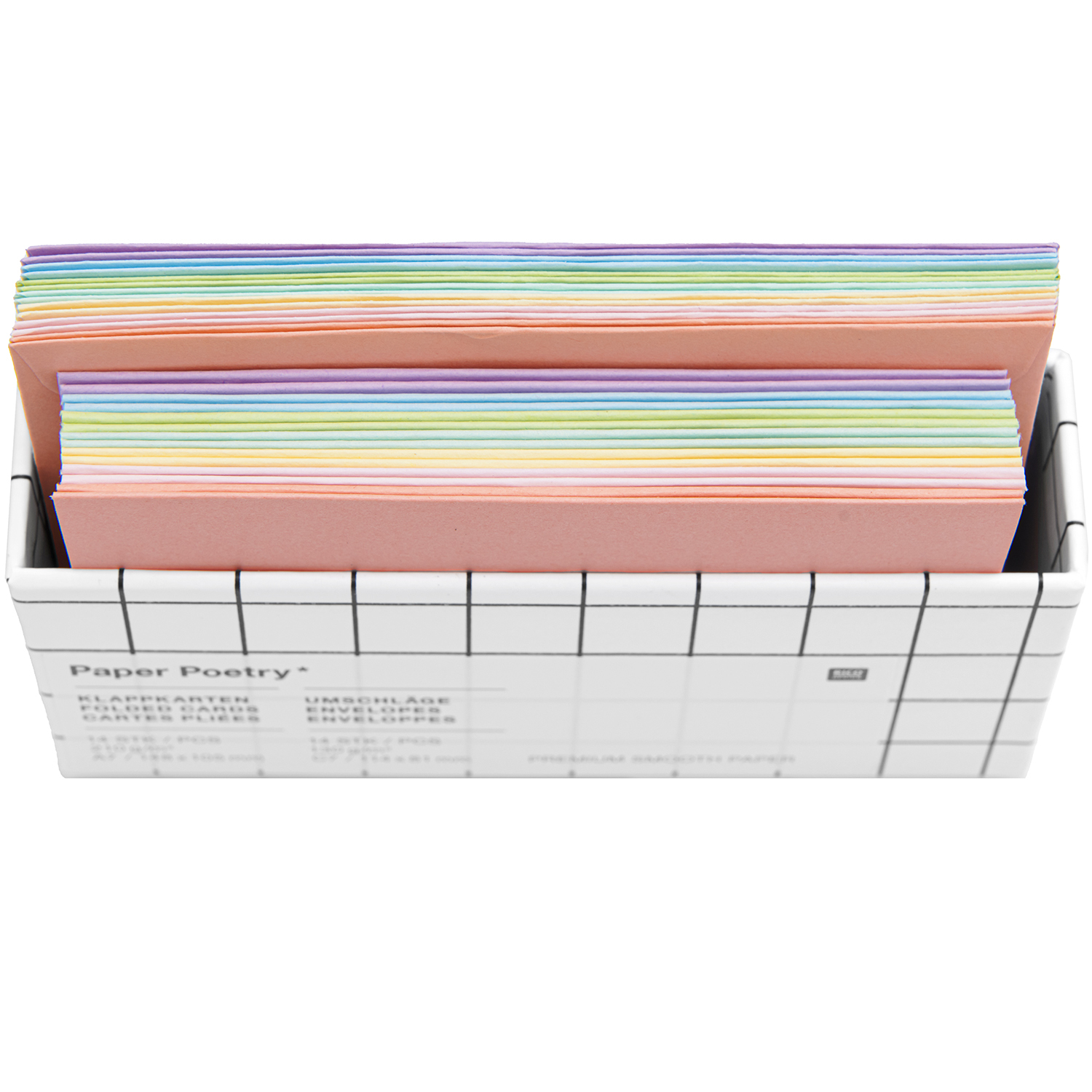 Paper Poetry Kartenset Rainbow pastel C7/A7, 28-teilig, in einer Box mit bunten Karten von Rico Design.