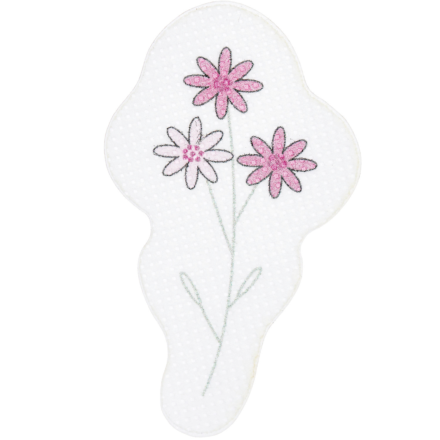 Stick and Stitch Blümchen von Rico Design: Drei gestickte Blumen auf weißem Hintergrund, ideal für kreative Projekte.