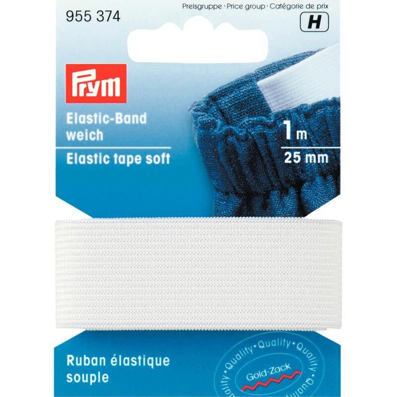 Elastic Band Gummi weich weiß 25mm 1m von Prym, präsentiert auf einer blauen Verpackung. Ideal für Nähprojekte.
