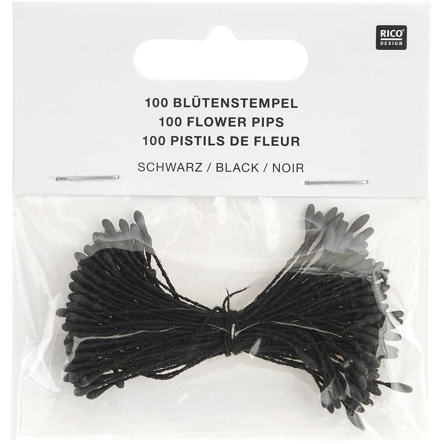 Blütenstempel 6cm 100 Stück von Rico Design in Schwarz, verpackt in einer transparenten Tüte.