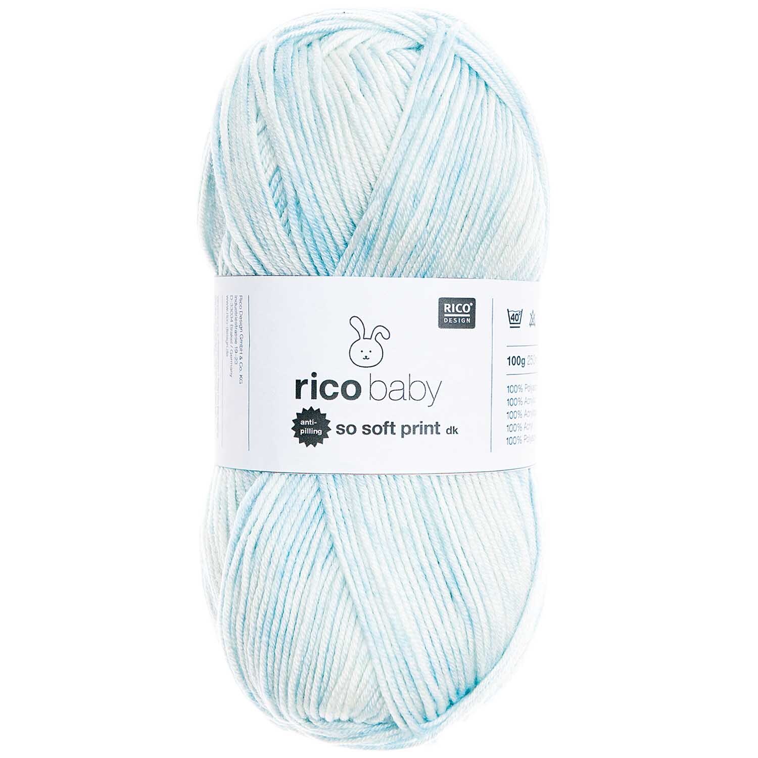 Rico Baby So Soft Print dk: Weiches Garn in sanftem Hellblau, ideal für Babyprojekte, 100g Knäuel.