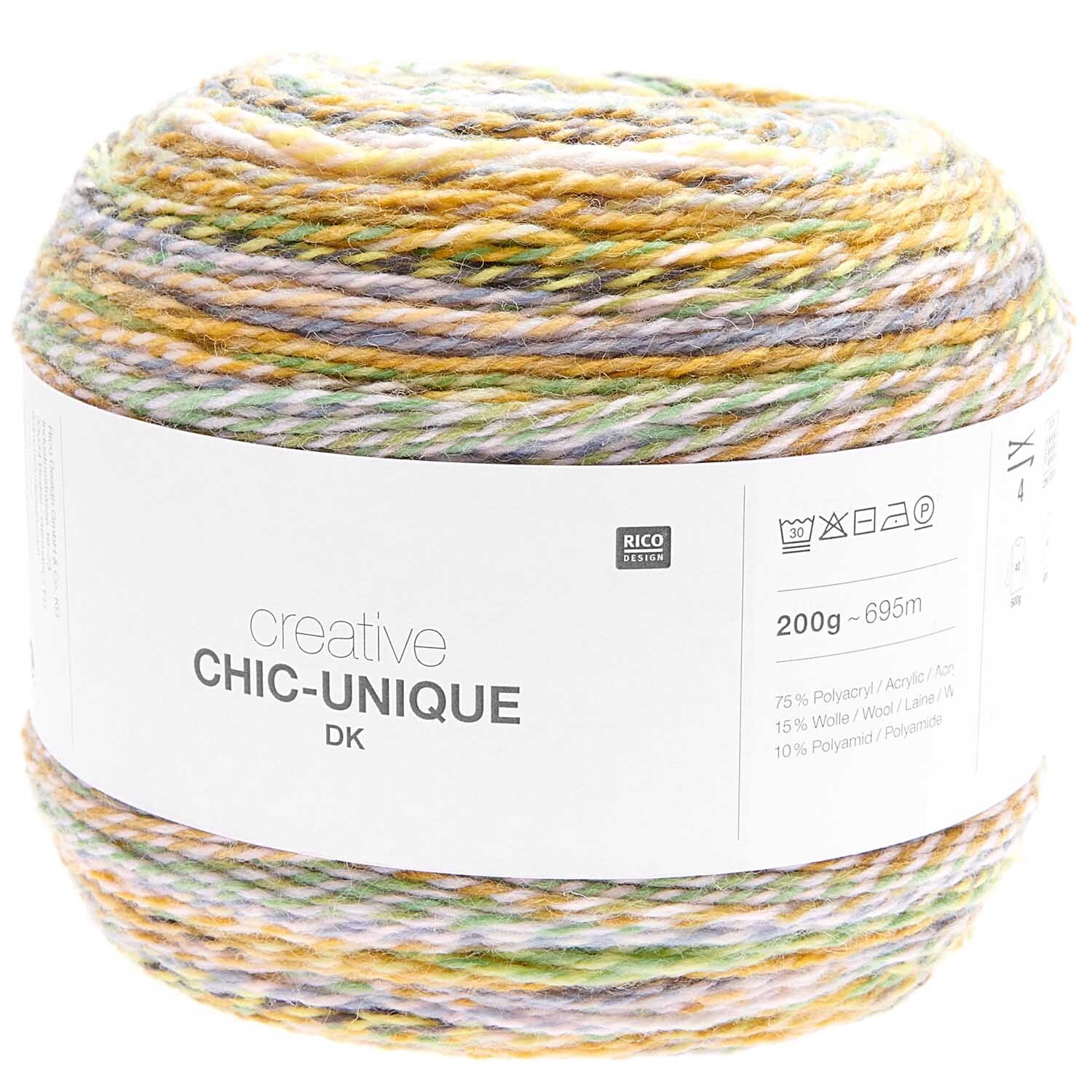 Creative Chic-Unique dk: Bunte Garnrolle von Rico Design, ideal für Häkel- und Strickprojekte.