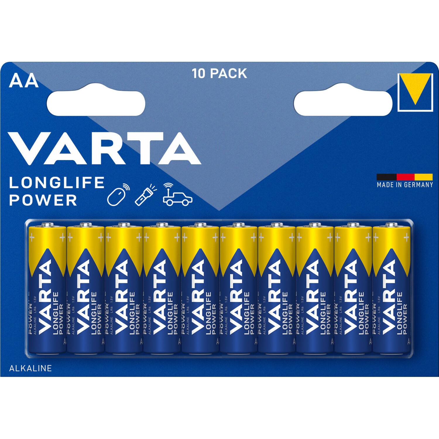 AA Batterien Varta Longlife Power 10 Stück in blau-gelber Verpackung, ideal für langlebige Energie.