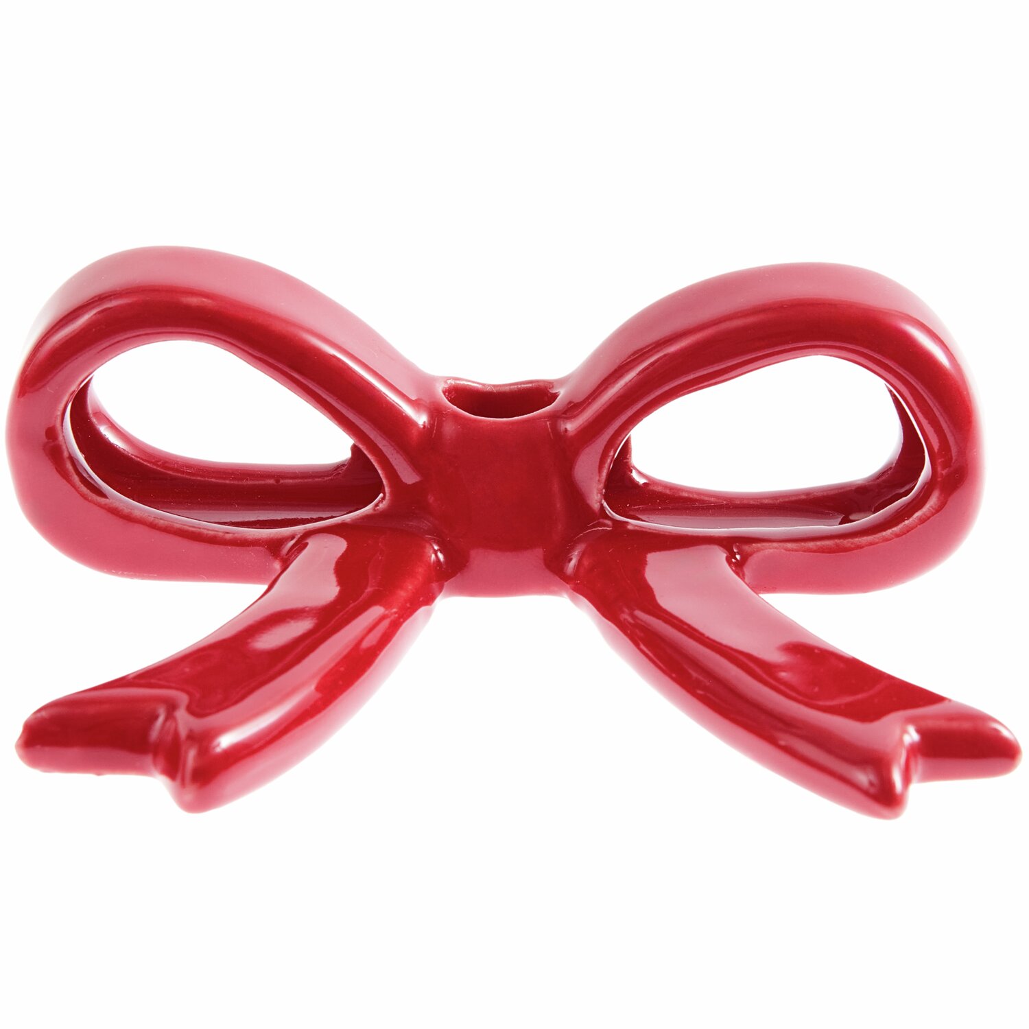 Keramik Kerzenhalter Schleife Rot: Eleganter, roter Kerzenhalter in Schleifenform, ideal für festliche Dekorationen. Maße: 3,4x10,4x7,5cm.