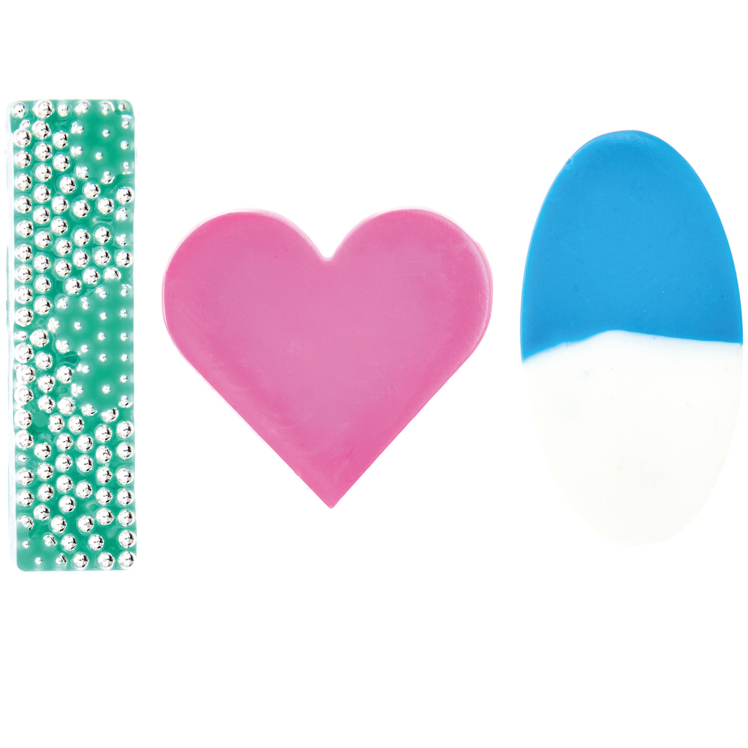 Füllmaterial für Resin Formen Mix 1 zeigt smaragdgrünes Rechteck, pinkes Herz und türkis-weißes Oval.