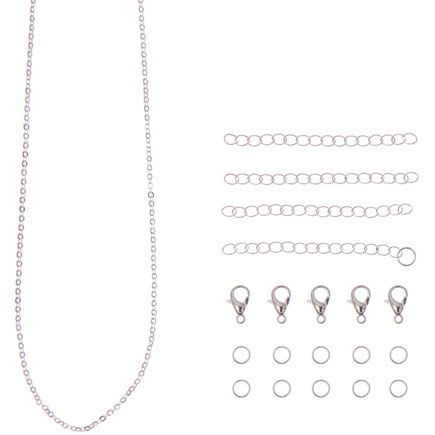 Schmuck Zubehör von Rico Design: 19-teiliges Set mit Ketten, Verschlüssen und Ringen in Silber. Ideal für DIY-Schmuckprojekte.