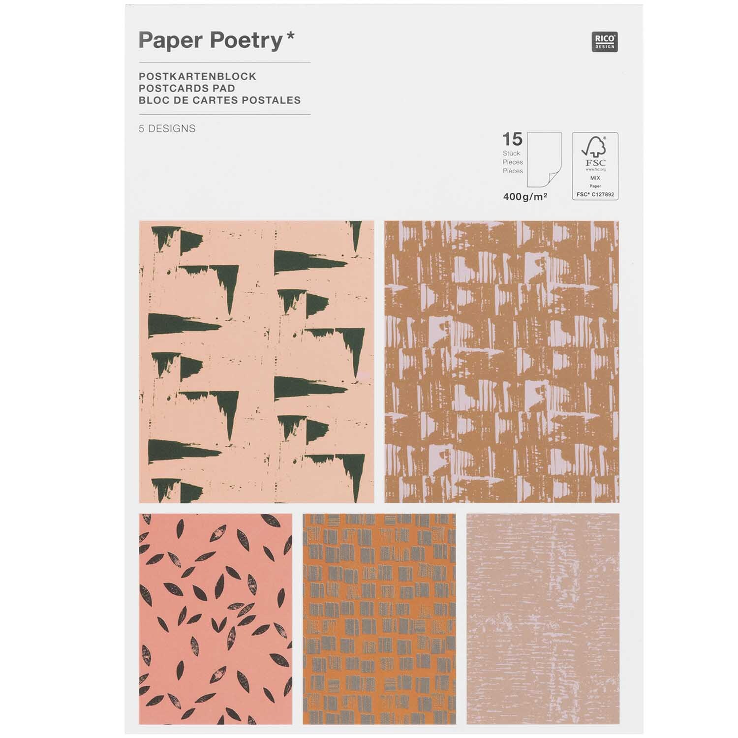 Paper Poetry Postkartenblock mit 15 strukturierten Designs von Rico Design, in Erdtönen gestaltet.