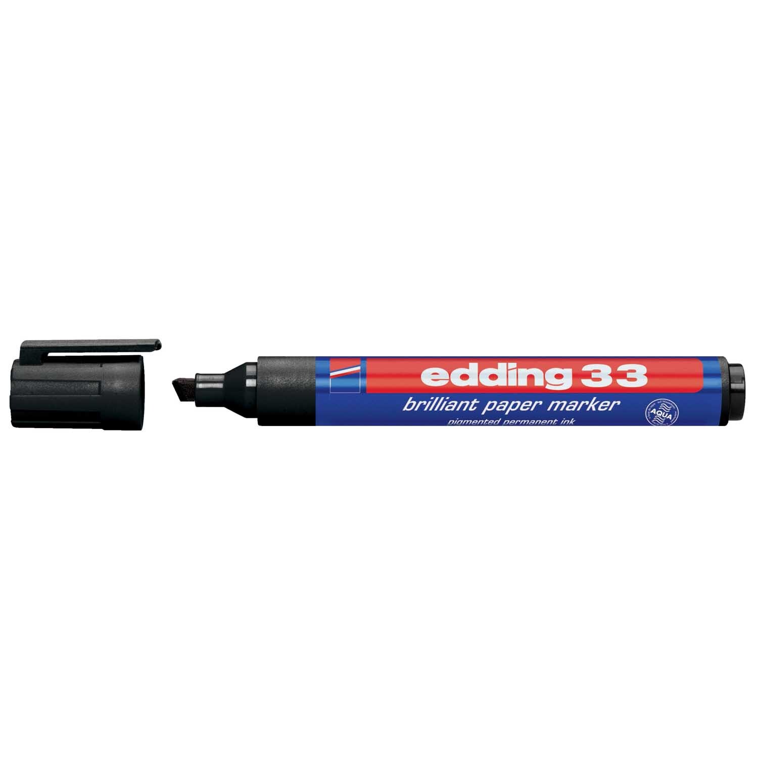 33 brilliant papermarker mit schwarzer Tinte und 1-5 mm Spitze, Marke edding, auf schwarzem Hintergrund.