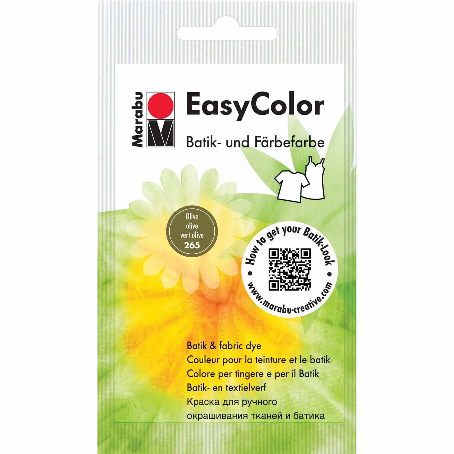 EasyColor Batik- und Textilfarbe in Olive, 25g. Verpackung zeigt ein buntes Blumenmotiv mit QR-Code.