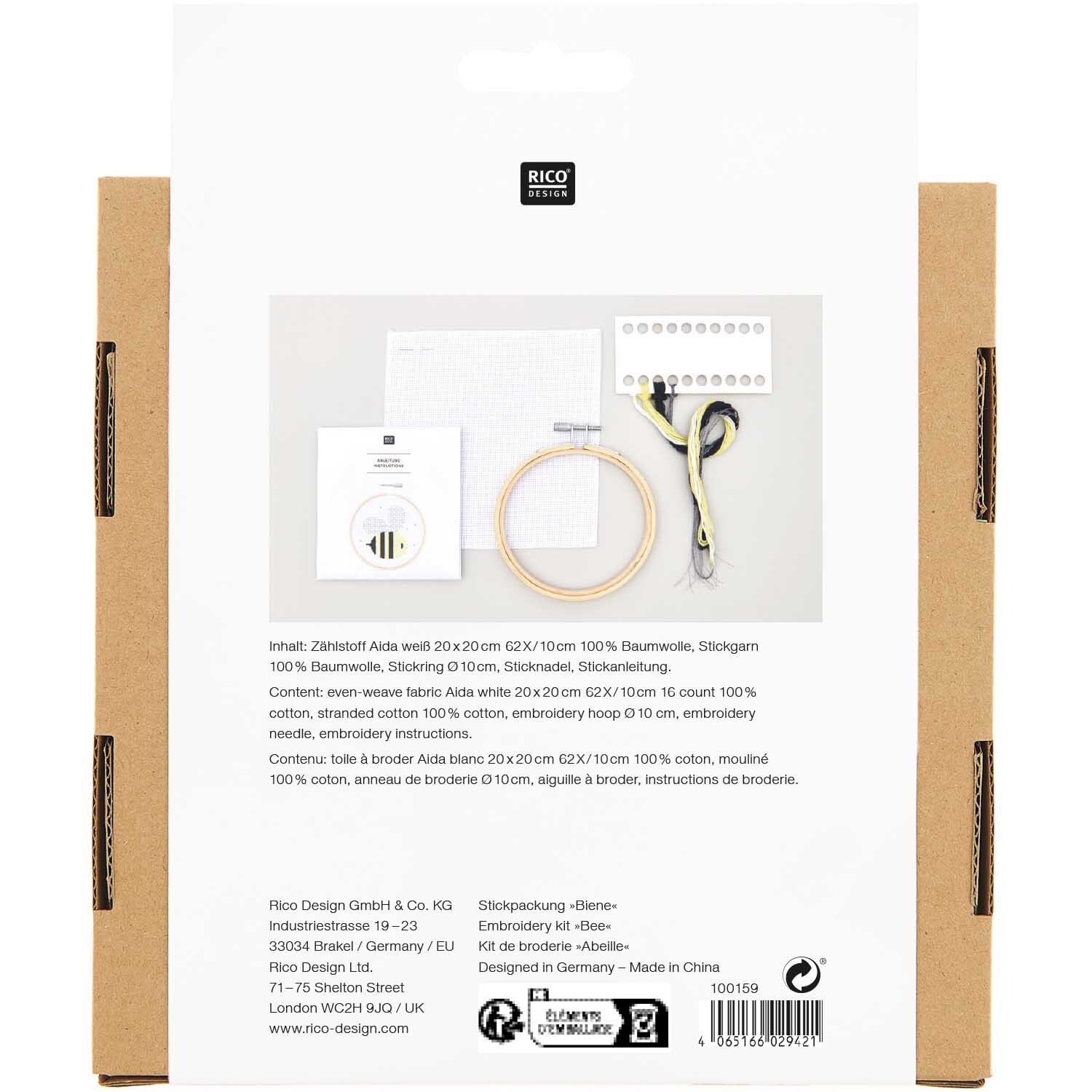Stickpackung Bild Biene Ø10cm von Rico Design zeigt eine Stickvorlage mit Zubehör auf weißem Hintergrund. Ideal für kreative Handarbeiten.