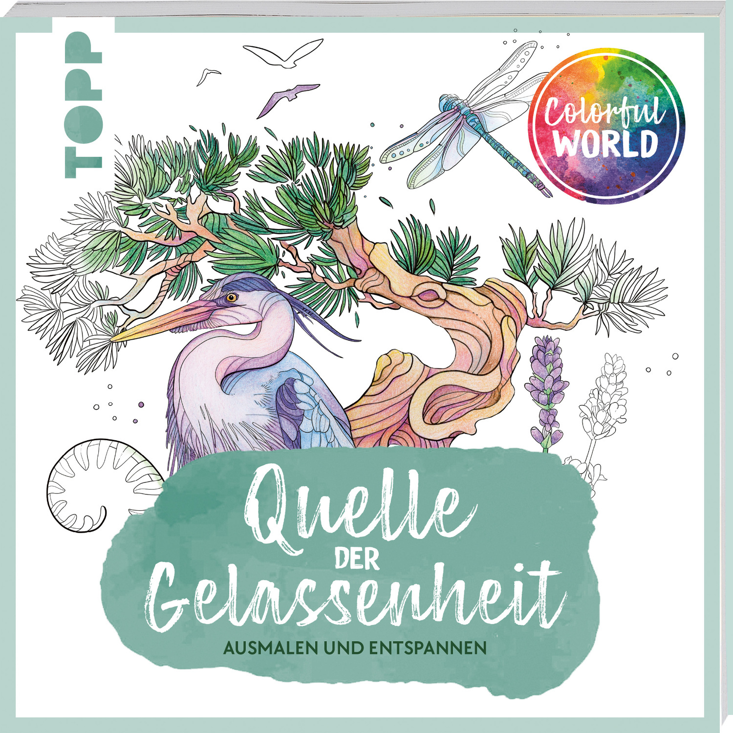 Colorful World - Quelle der Gelassenheit: Ein entspannendes Malbuch von TOPP mit Naturmotiven, darunter ein Reiher und eine Libelle.