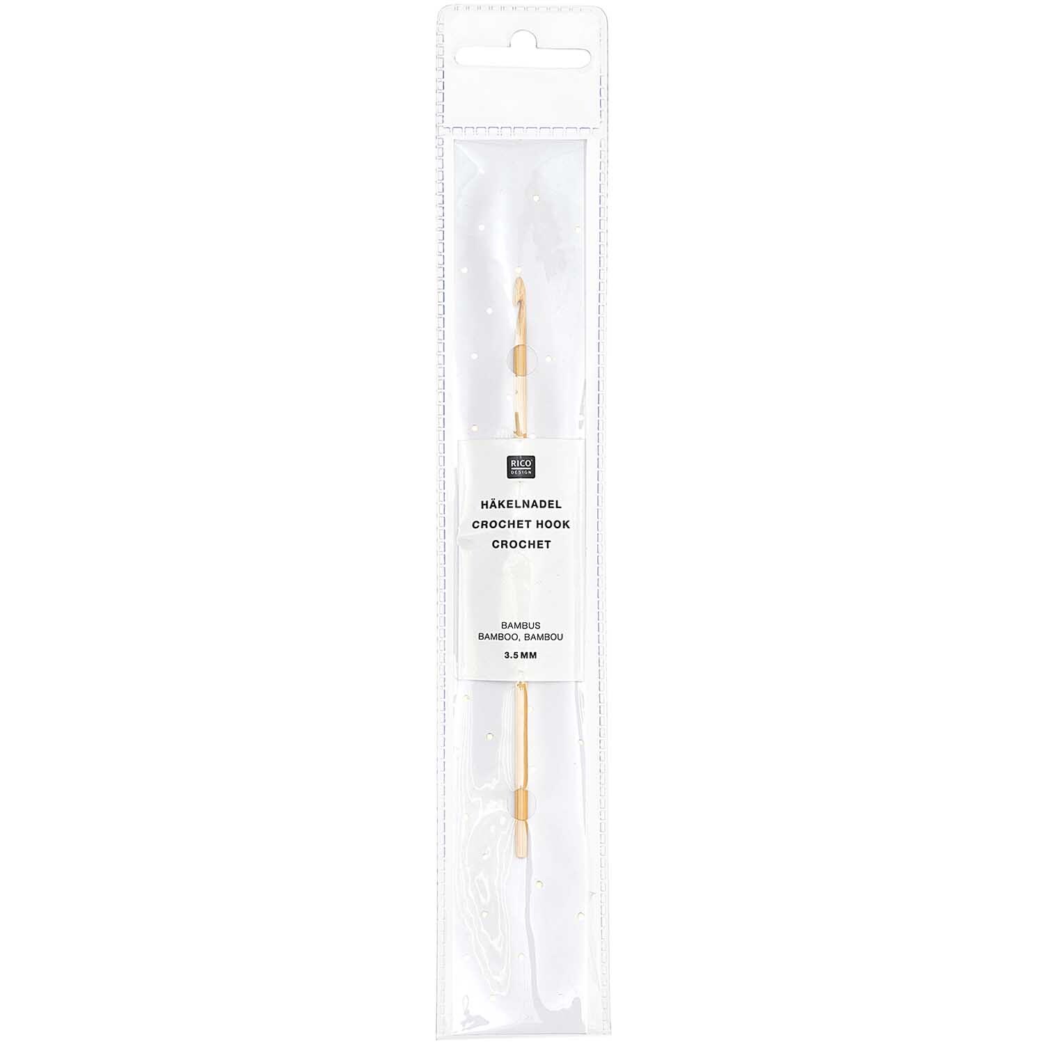 Häkelnadel Bambus von Rico Design in transparenter Verpackung, ideal für Handarbeitsprojekte.