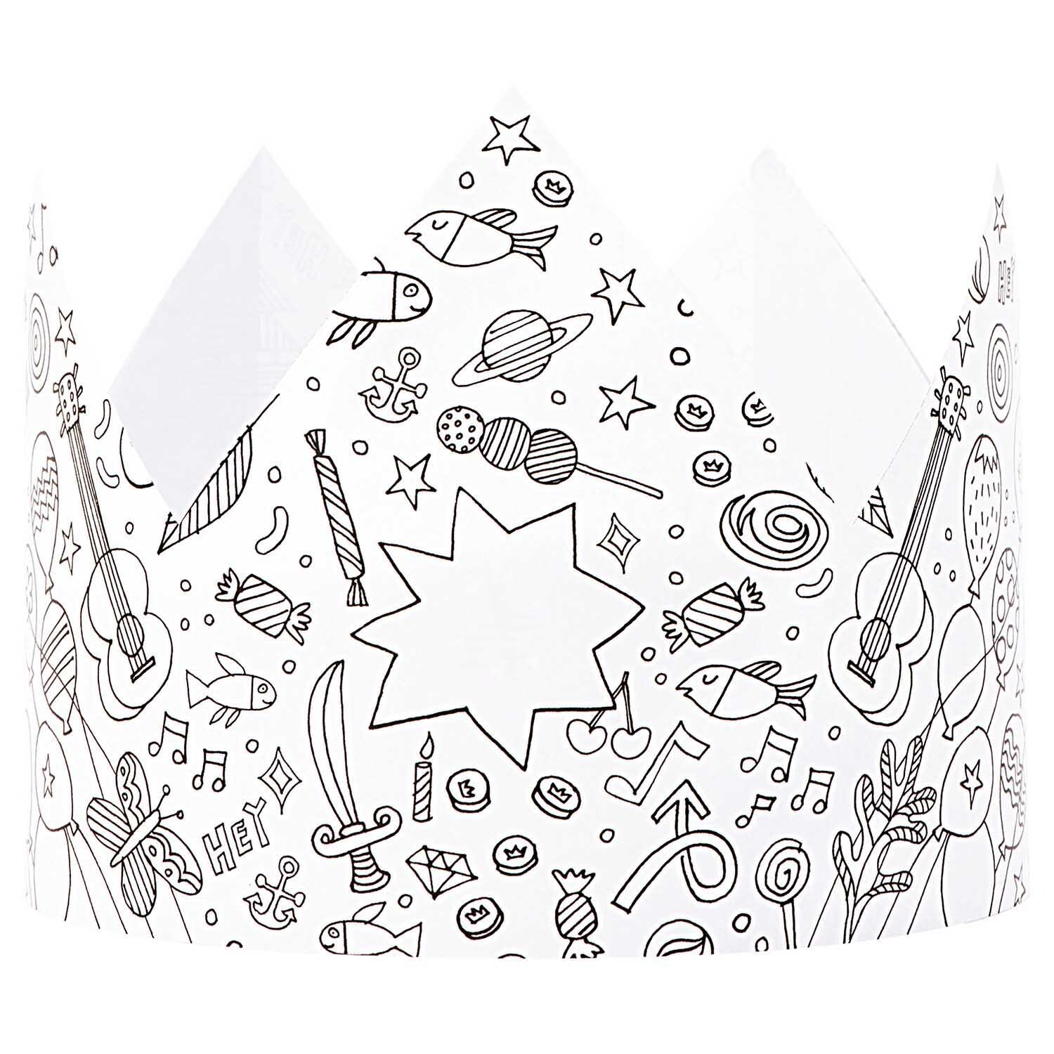 Paper Poetry Kronen zum Ausmalen, 5 Stück, mit verspielten Motiven wie Gitarren und Süßigkeiten. Ideal für kreative Kinder.