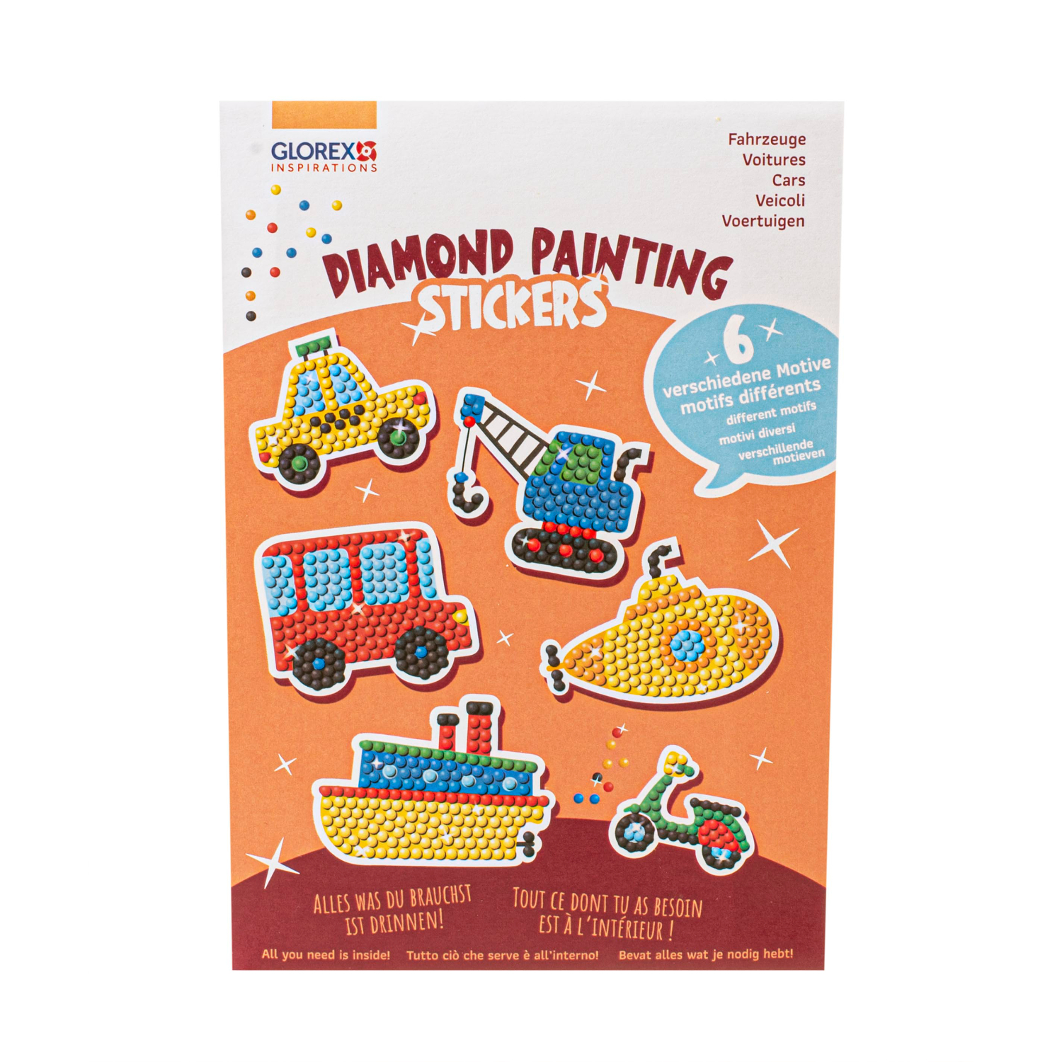 Diamond Painting Sticker Fahrzeuge von Glorex zeigt bunte Fahrzeugmotive auf einer Verpackung.
