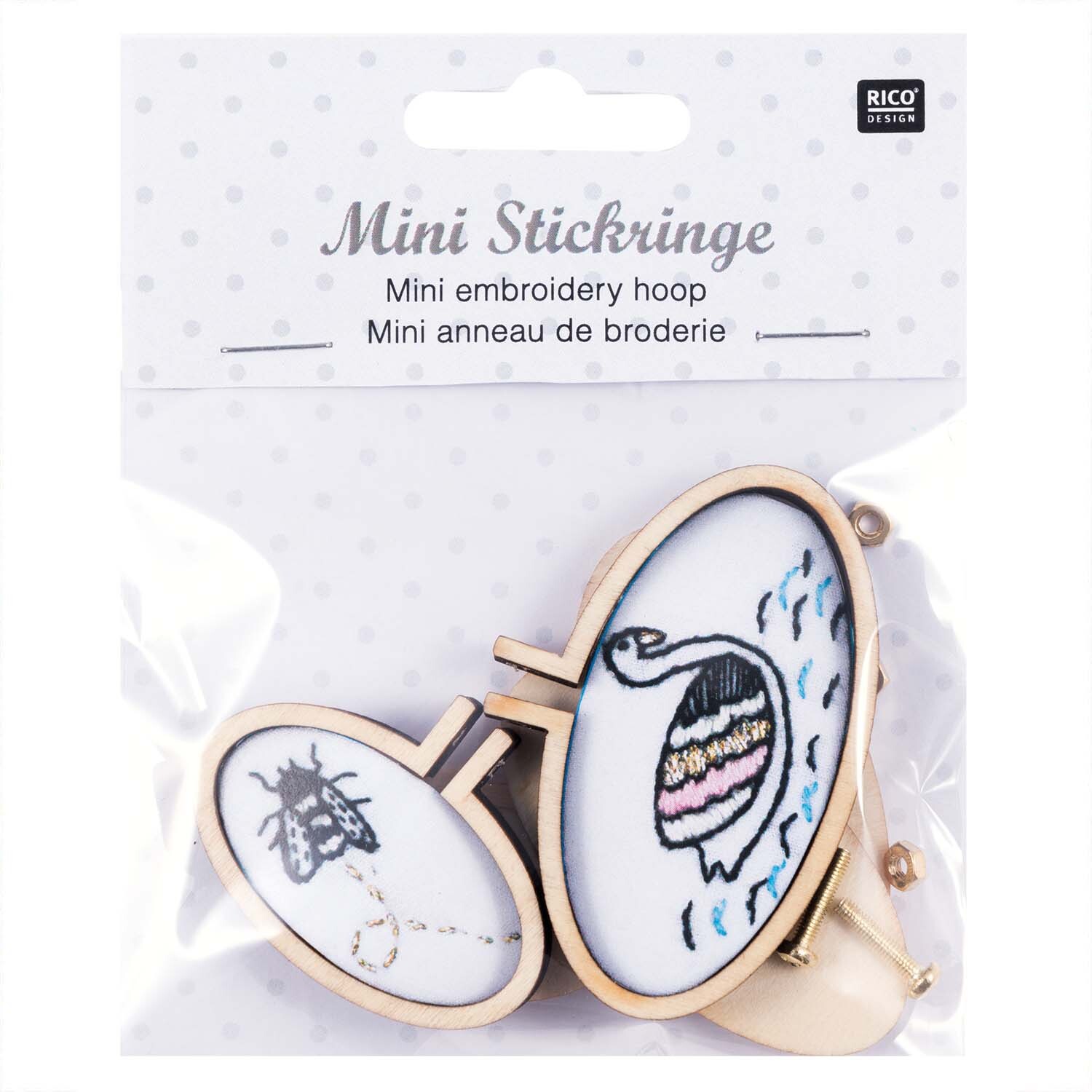 Stickringe mini oval 2 Stück von Rico Design zeigen zwei ovale Stickrahmen mit gestickten Motiven. Ideal für kreative Handarbeiten.