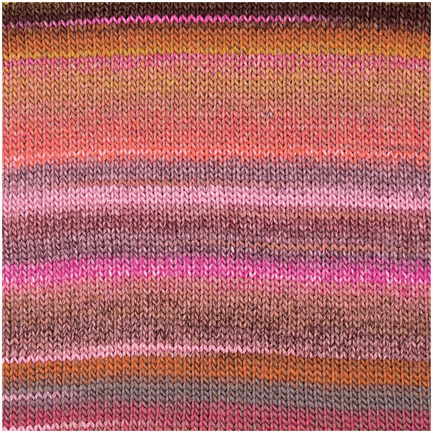 Rigato, gestricktes Muster in Rosa/Braun, zeigt weiche Farbverläufe. Perfekt für kreative Strickprojekte.