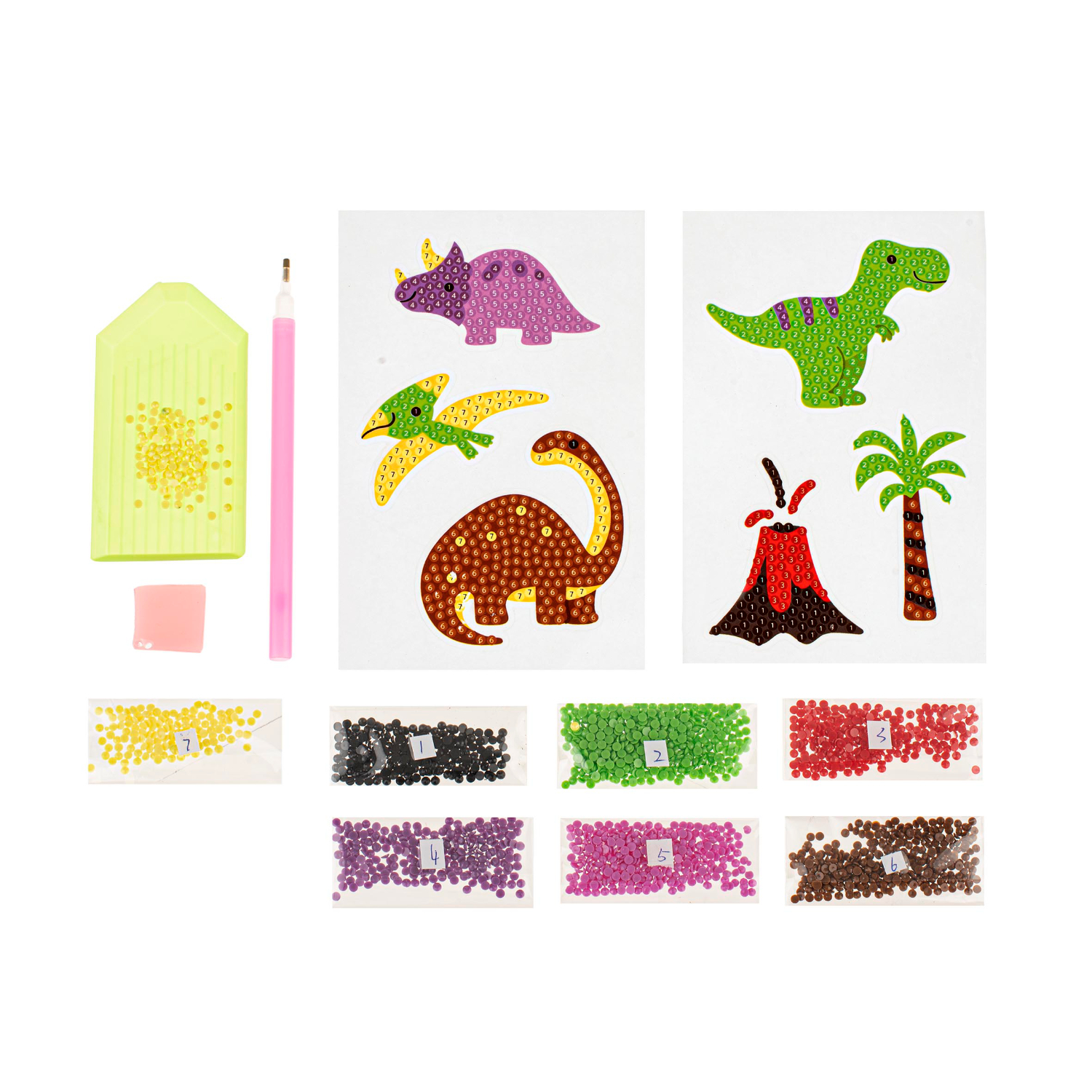 Diamond Painting Sticker Dino mit bunten Dinosaurier-Motiven, Vulkan und Palme, inklusive Zubehör.