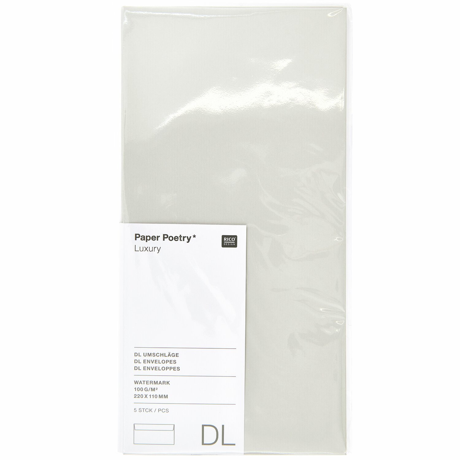 Paper Poetry Luxury Umschläge in Hellgrau von Rico Design, 5 Stück, elegant verpackt in DIN Lang Format.