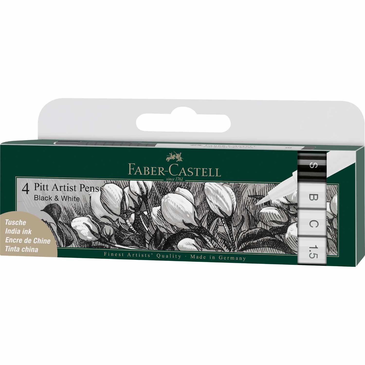 Tuschestift Pitt Artist Pen Black & White 4 Stück von Faber Castell in eleganter Verpackung mit floralem Design. Ideal für kreative Projekte.