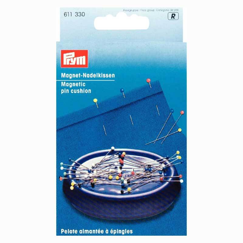 Magnetnadelkissen in violett von Prym, gefüllt mit bunten Stecknadeln, ideal für Näharbeiten.