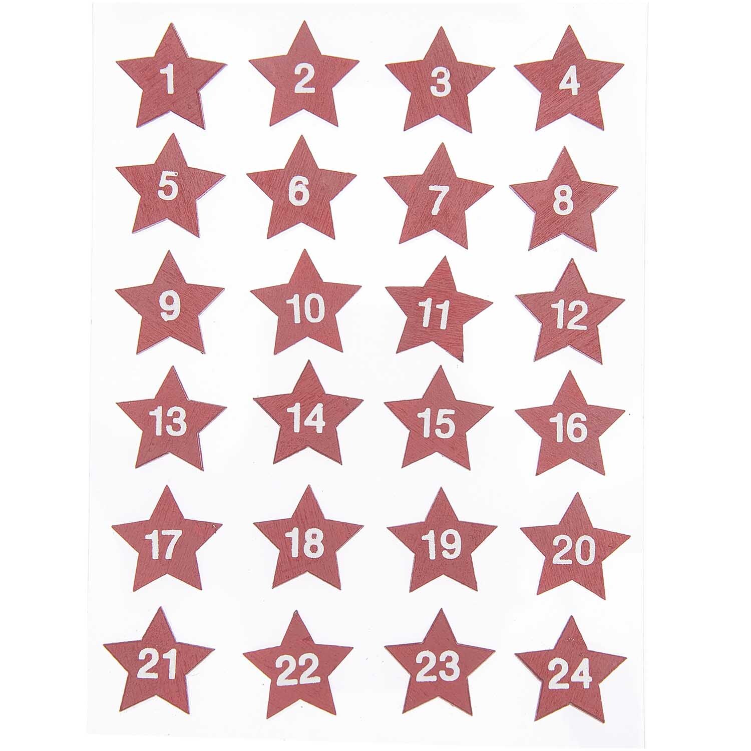 Adventskalender Sternen-Sticker aus Holz, nummerierte rote Sterne 1-24 auf weißem Hintergrund.
