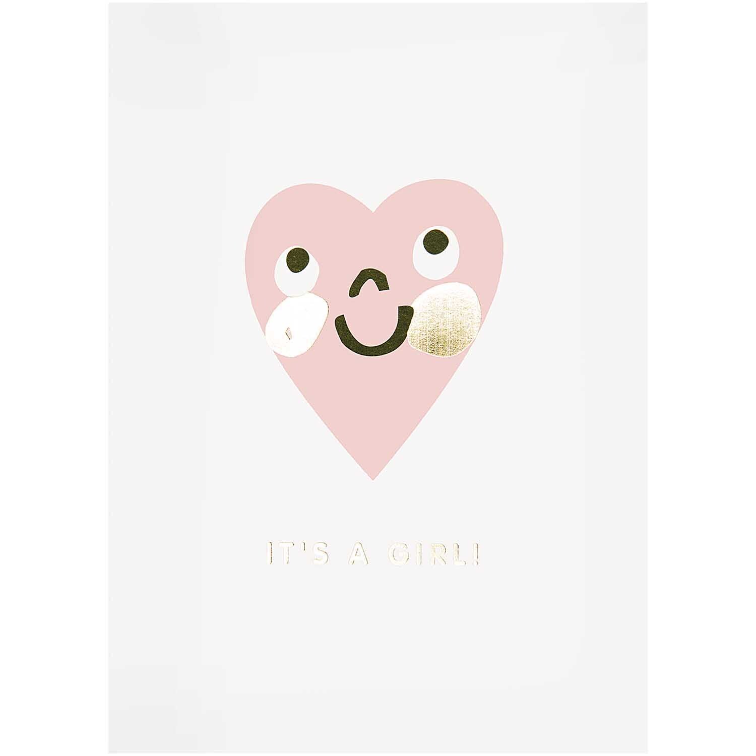 Paper Poetry Postkartenblock Hello Baby mit 15 Karten zeigt ein lächelndes rosa Herz mit "It's a Girl"-Text. Ideal für Geburtsglückwünsche.