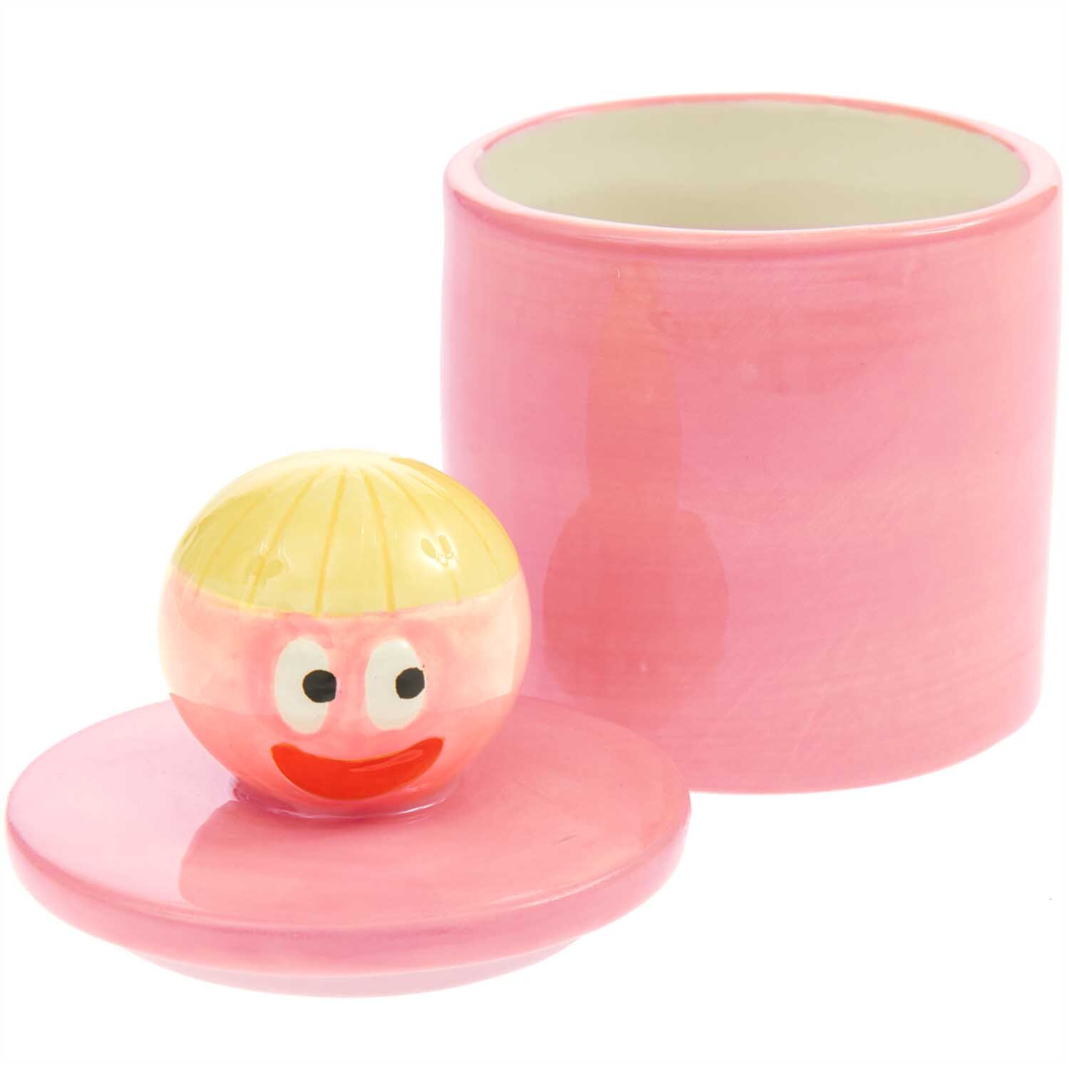 Rico Design x Redfries Keramik Dose Eye Candy in Rosa mit Deckel, 12cm hoch, Ø8cm. Verspieltes Design mit fröhlichem Gesicht auf dem Deckel.