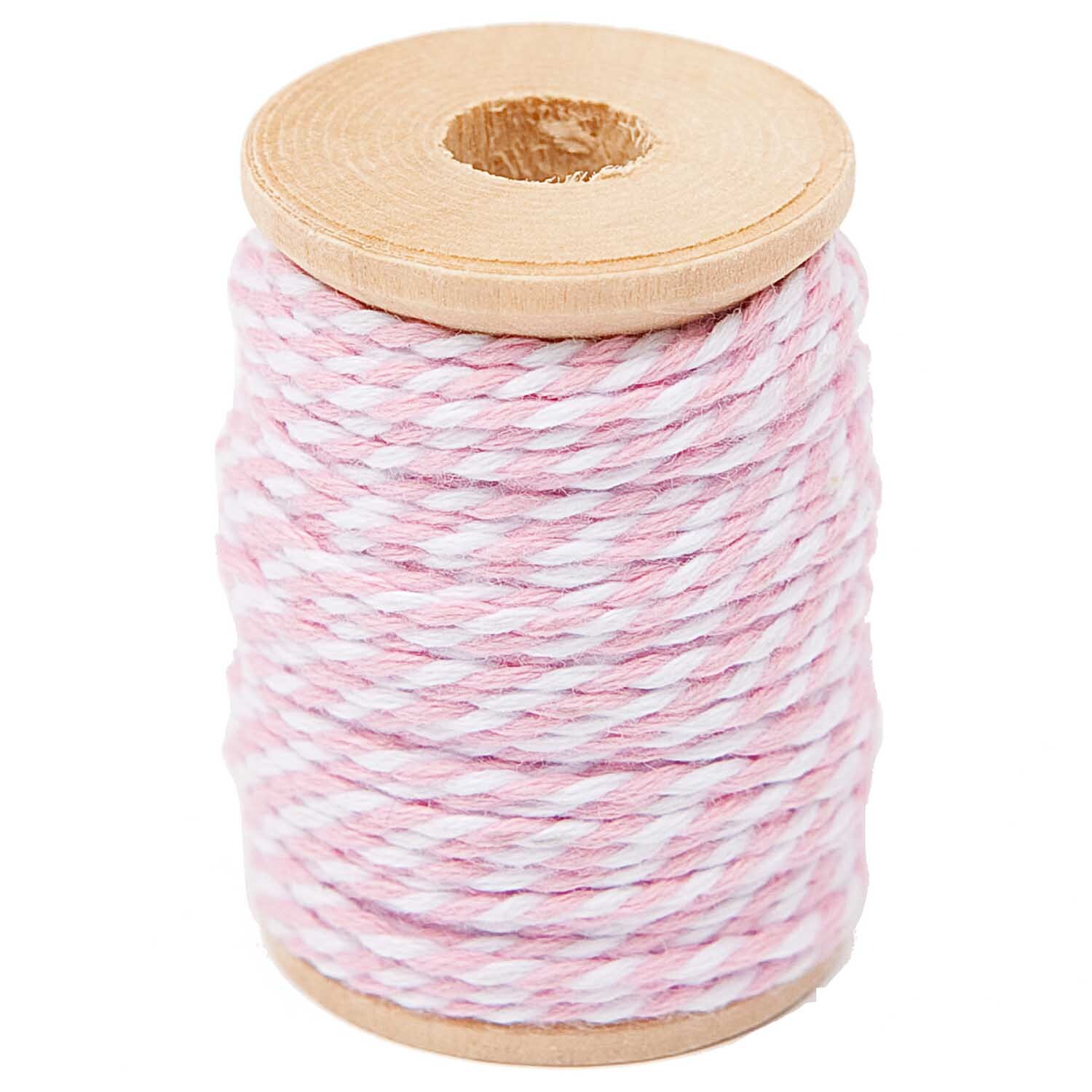 Paper Poetry Baumwollgarn rosa-weiß 15m auf Holzspule, ideal für kreative Bastelprojekte.