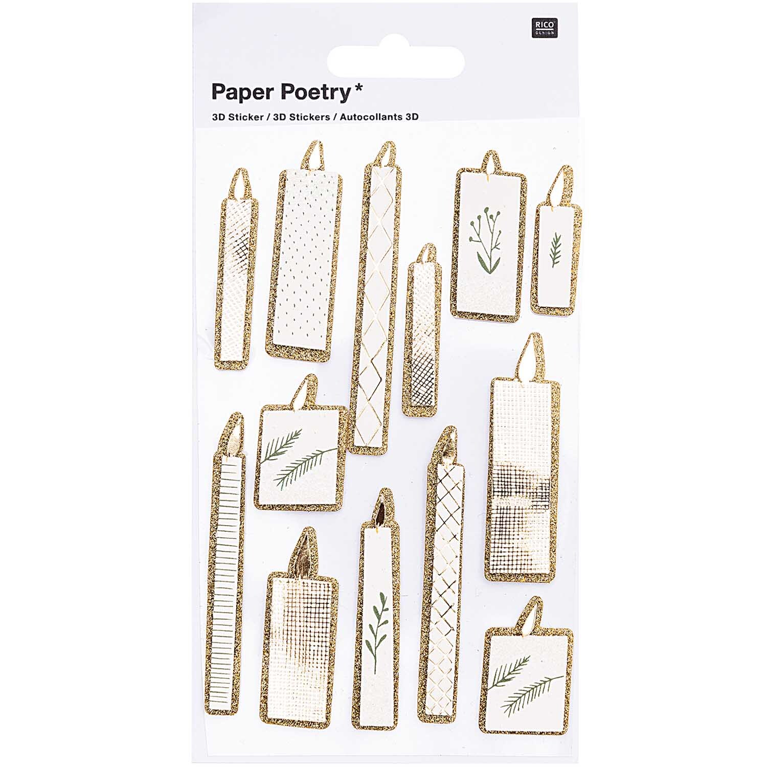 Paper Poetry 3D Sticker Kerzen zeigen elegante, mehrfarbige Kerzenmotive von Rico Design auf weißem Hintergrund.