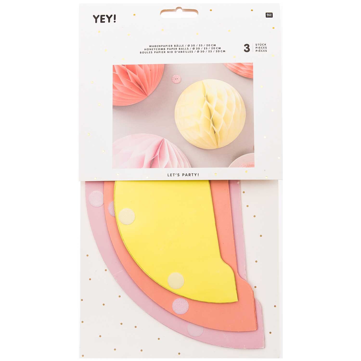 Wabenpapier Bälle Sommer 3 Stück von Rico Design in verschiedenen Farben, ideal für Partydekorationen.