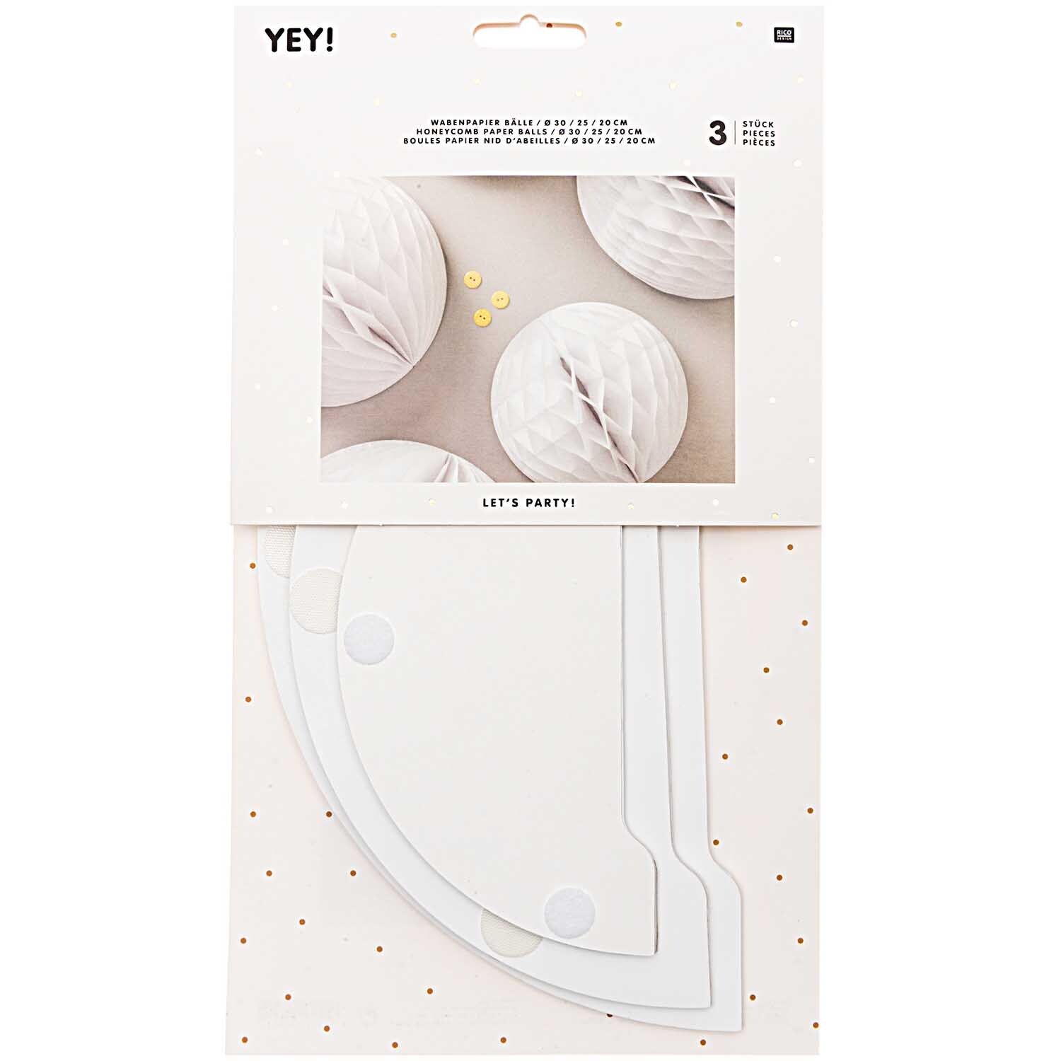 Wabenpapier Bälle weiß 3 Stück von Rico Design, dekorative weiße Papierbälle für festliche Anlässe.