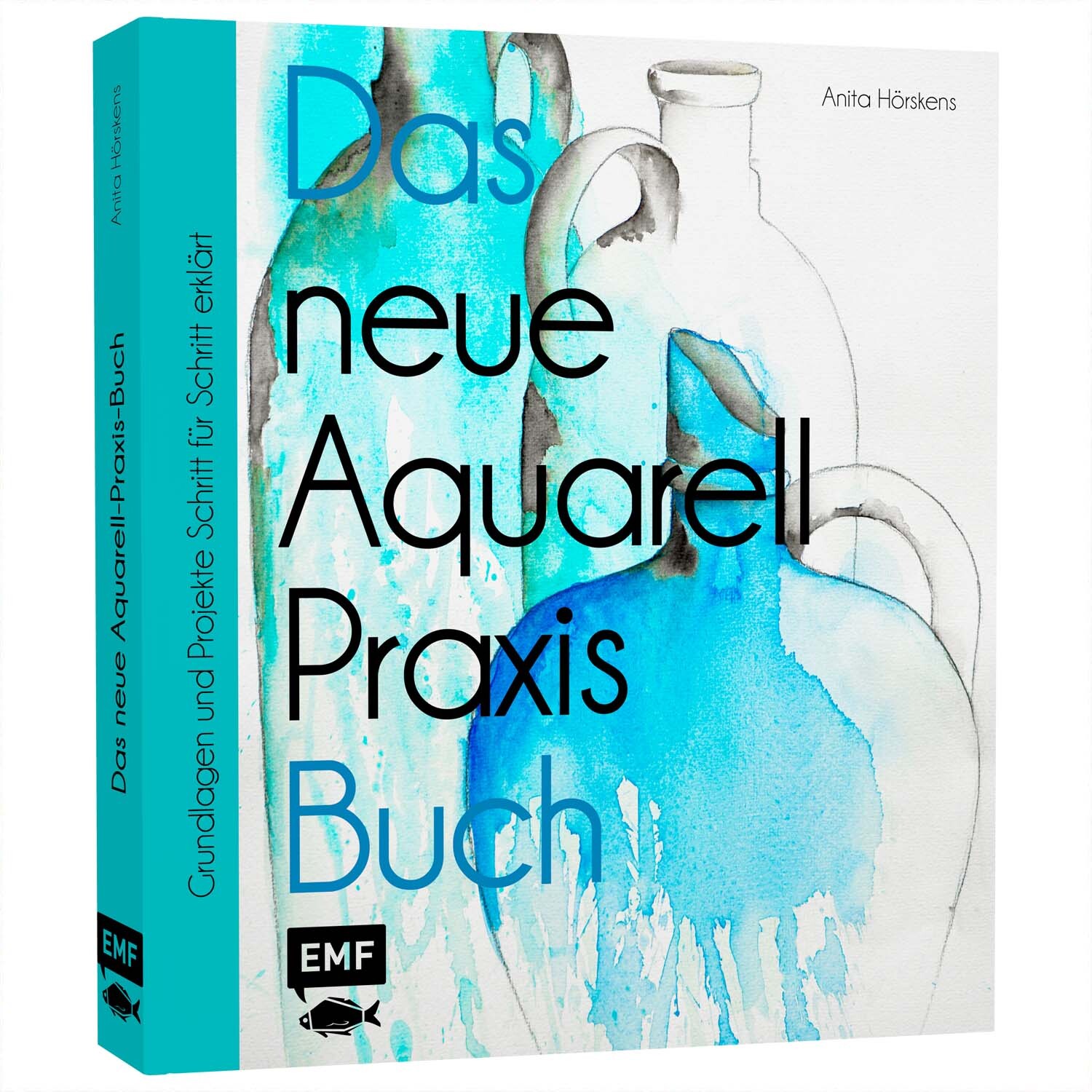 Das neue Aquarell Praxis Buch zeigt ein künstlerisches Cover mit blauen und weißen Aquarellen. Marke: EMF.