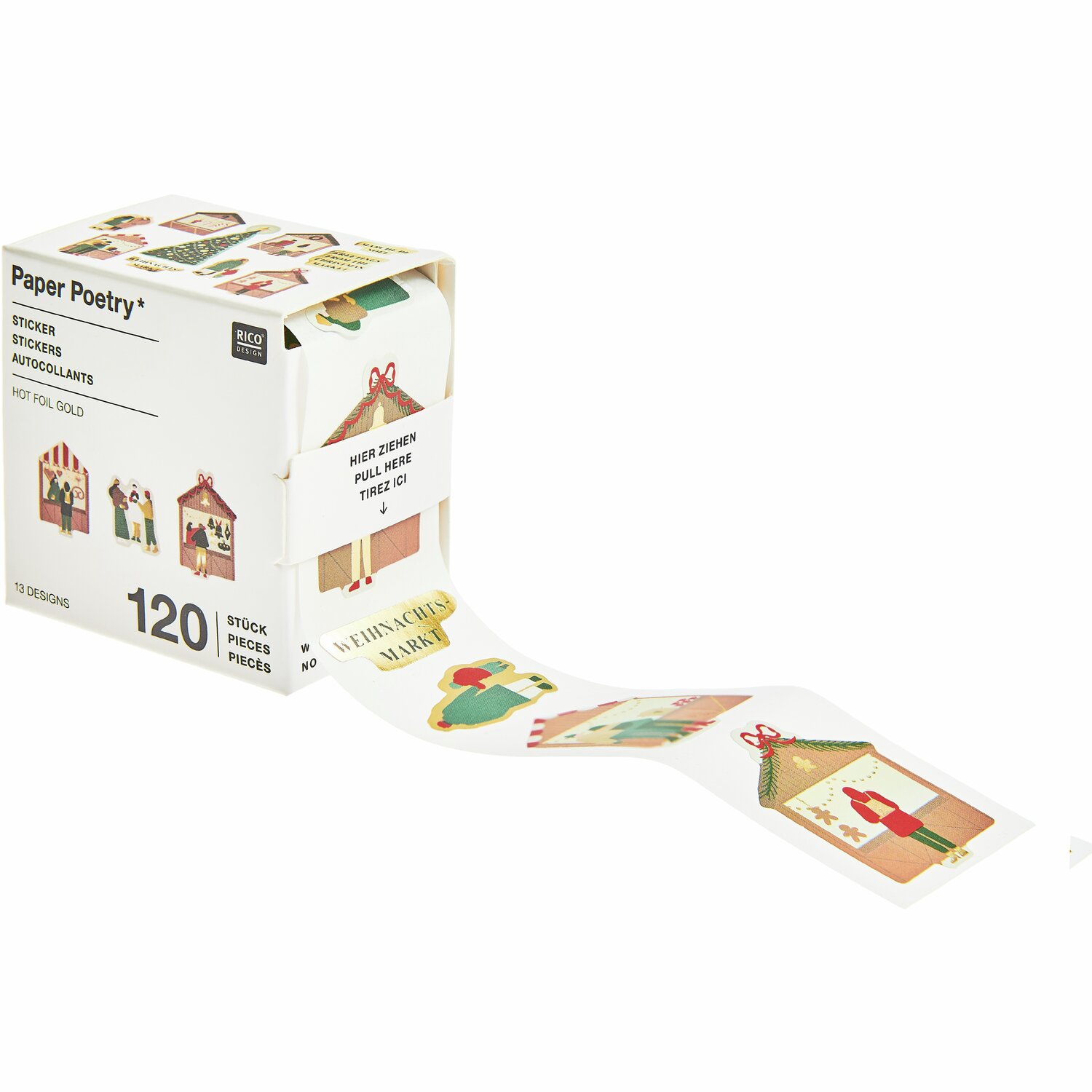 Paper Poetry Mini-Sticker Weihnachtsmarkt auf der Rolle zeigt bunte Weihnachtsmarkt-Motive. 120 Sticker von Rico Design in einer praktischen Rolle.