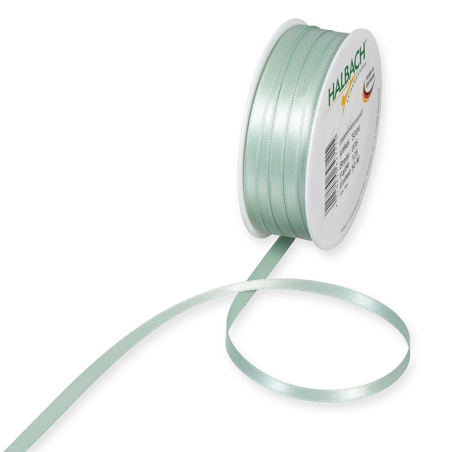 Satinband 6mm 10m, mintgrün, auf Rolle von Halbach. Ideal für Dekorationen und Bastelprojekte.