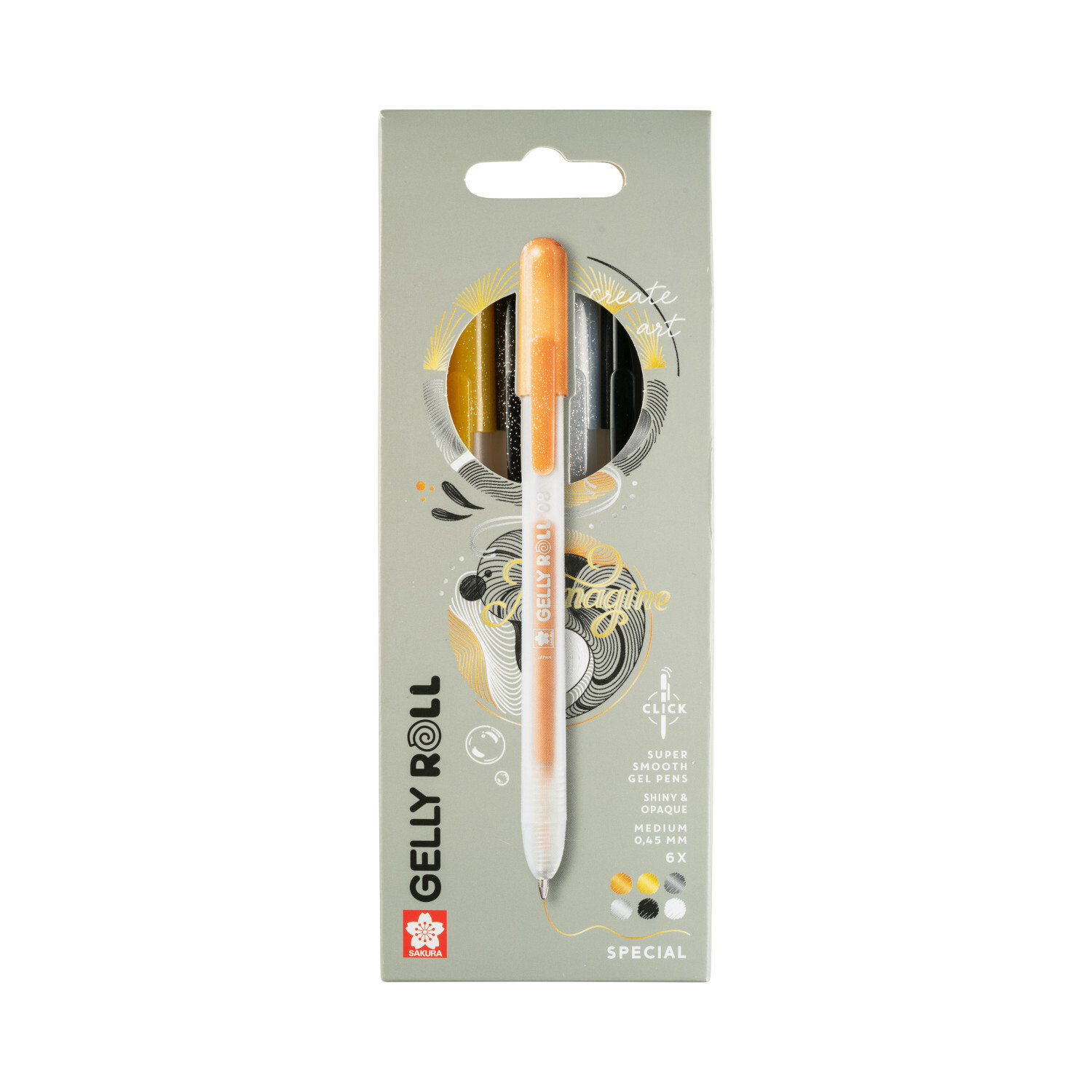 Gelly Roll Retractable Set Special, 6 Stück, in Verpackung mit orangefarbenem Stift von SAKURA.