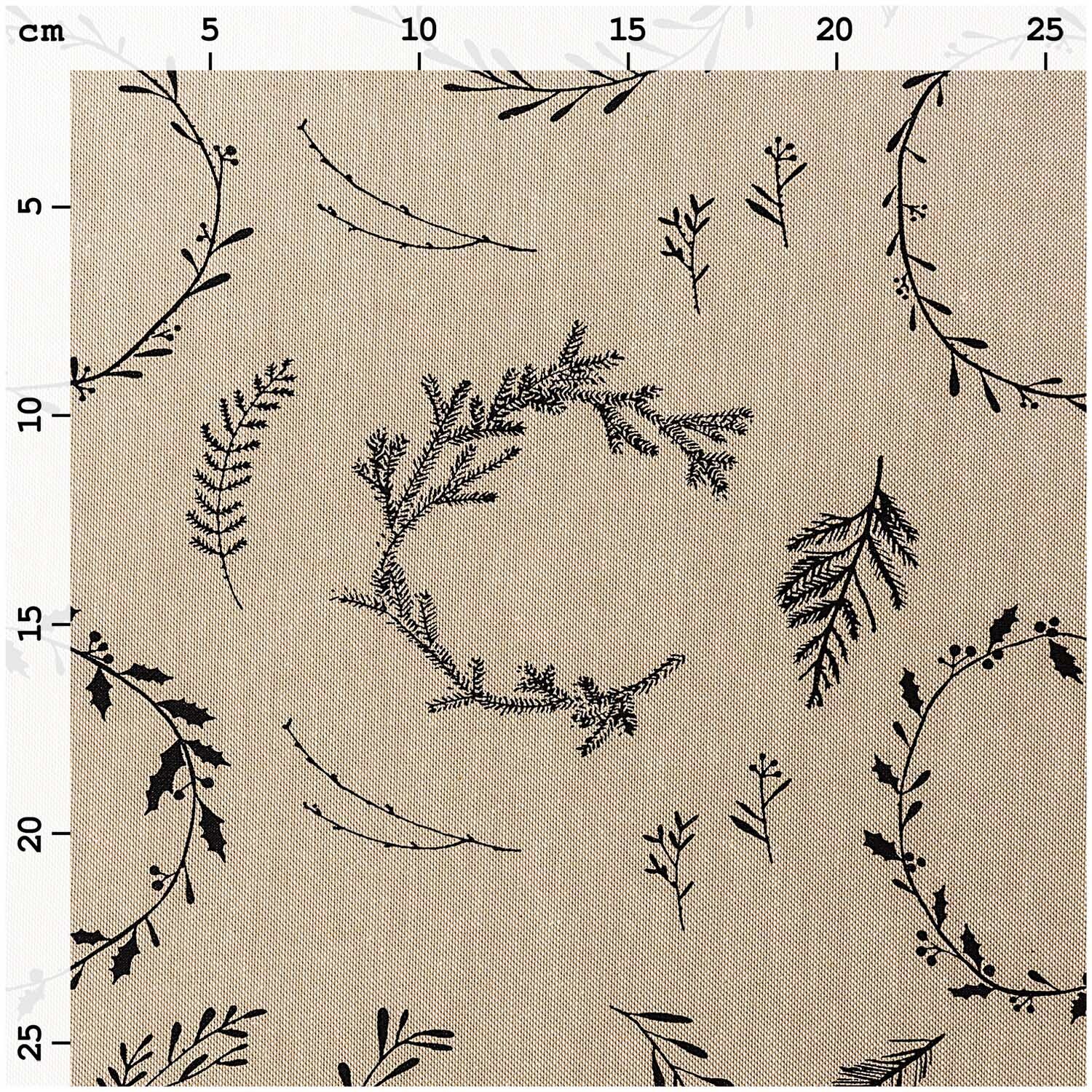 Stoff Leinenoptik Nostalgic Christmas Kränze natur-schwarz 50x140cm von Rico Design